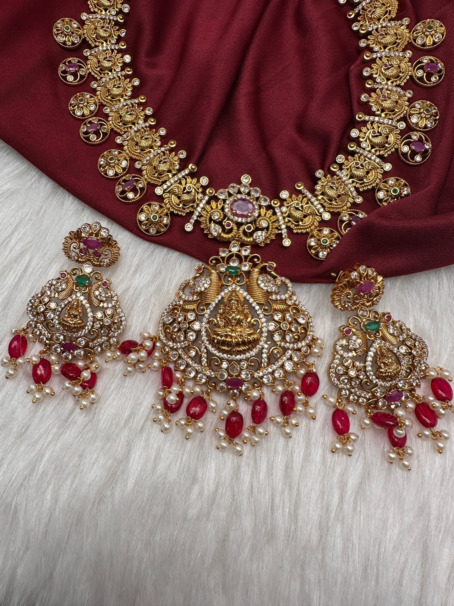 Goddess Lakshmi Peacock Links Red beads CZ Matte Finish Necklace