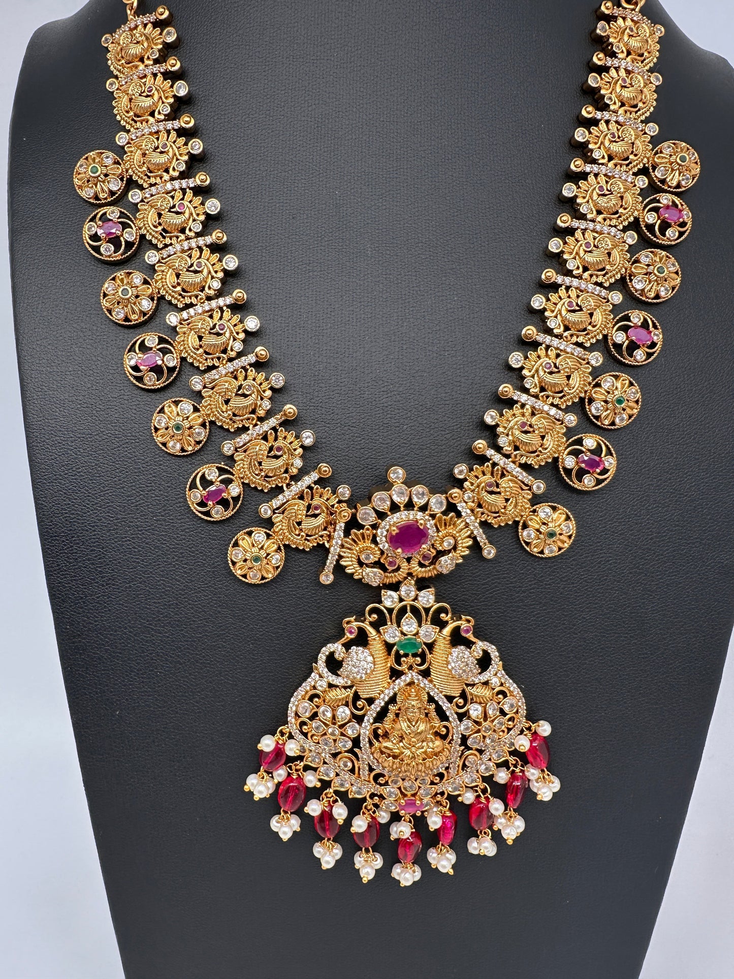 Goddess Lakshmi Peacock Links Red beads CZ Matte Finish Necklace