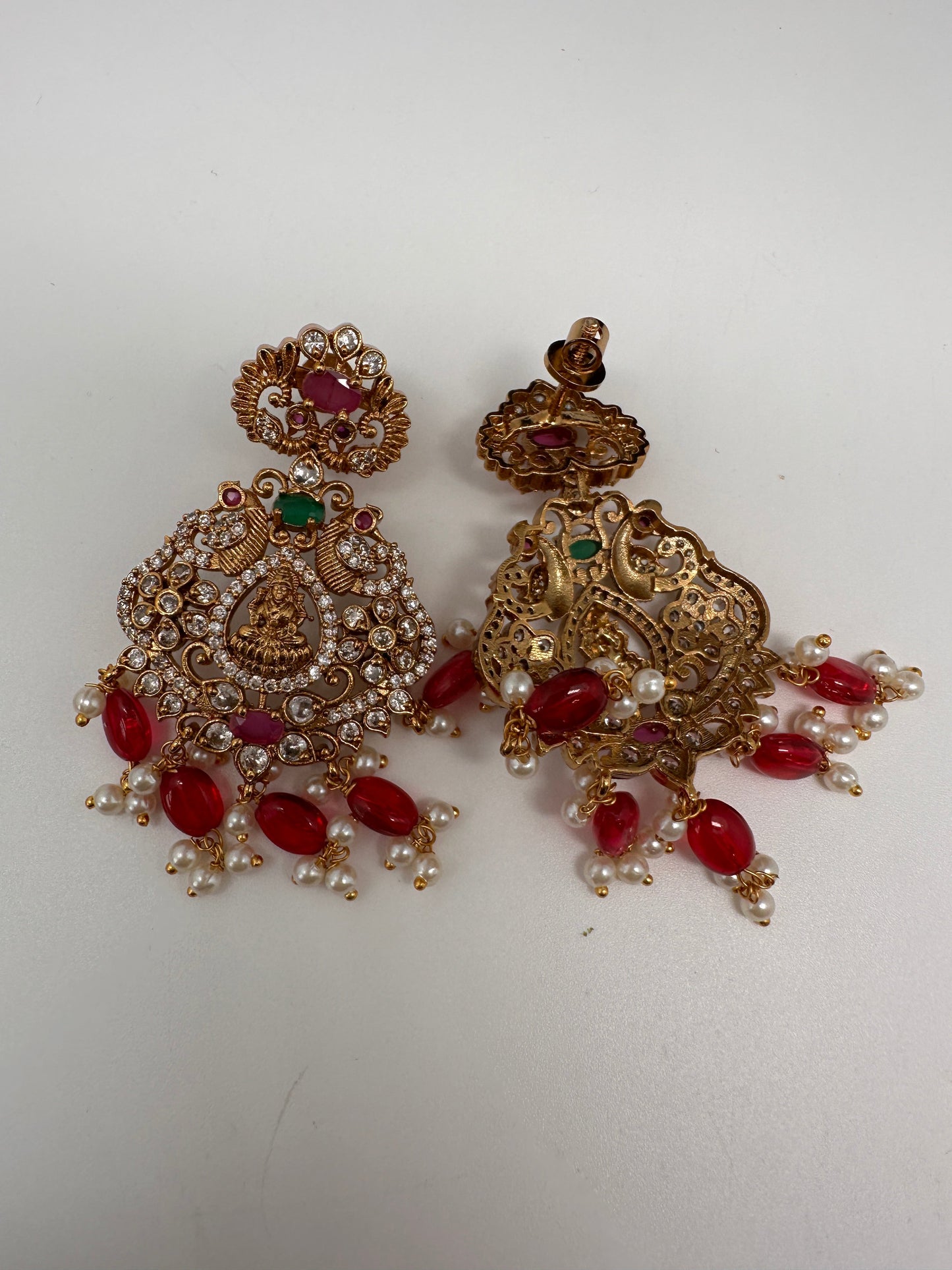Goddess Lakshmi Peacock Links Red beads CZ Matte Finish Necklace