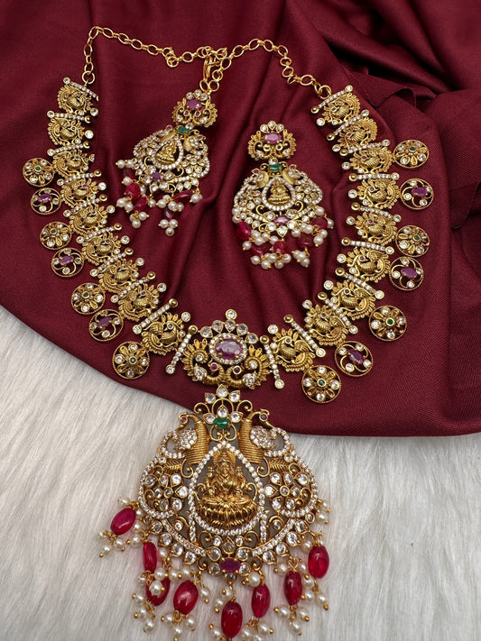 Goddess Lakshmi Peacock Links Red beads CZ Matte Finish Necklace