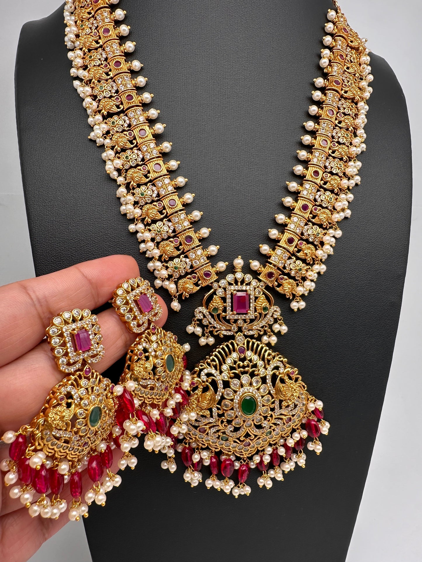 CZ Red Green Stone Red beads Peacock Design Guttapusalu Necklace