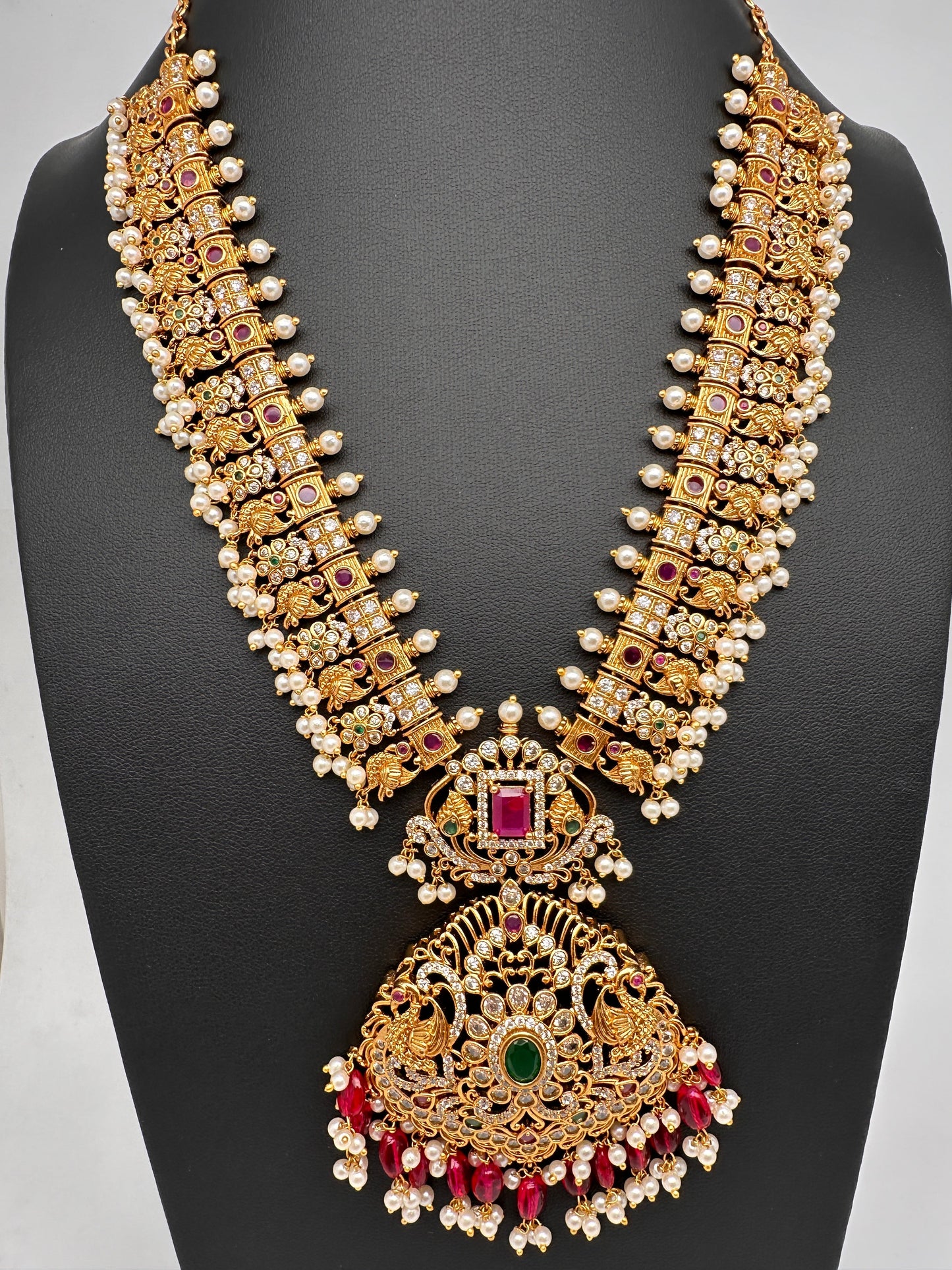 CZ Red Green Stone Red beads Peacock Design Guttapusalu Necklace