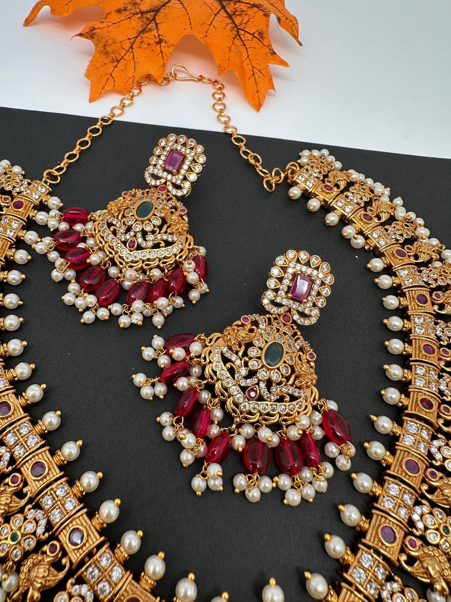 CZ Red Green Stone Red beads Peacock Design Guttapusalu Necklace