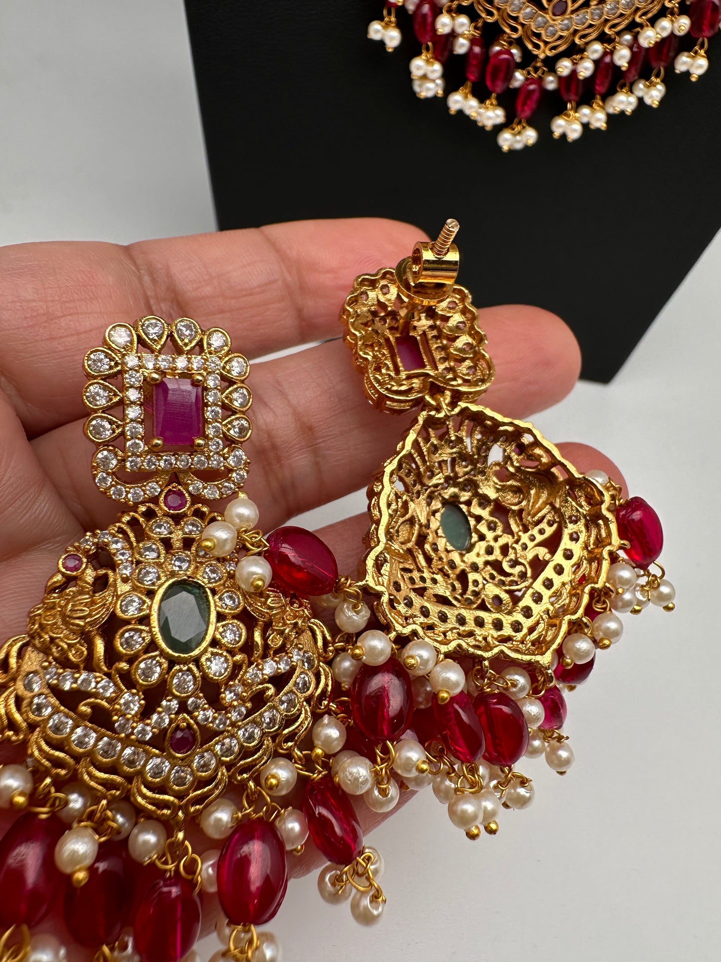 CZ Red Green Stone Red beads Peacock Design Guttapusalu Necklace