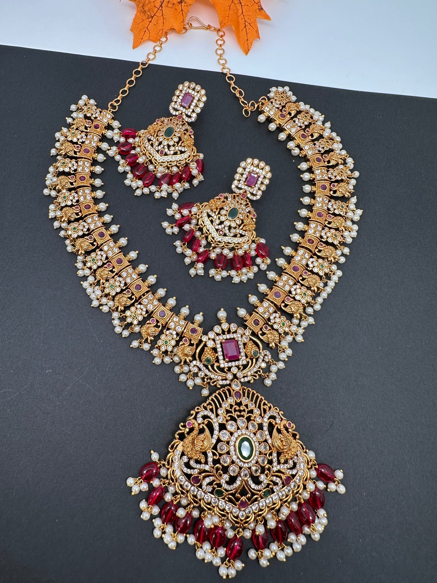 CZ Red Green Stone Red beads Peacock Design Guttapusalu Necklace