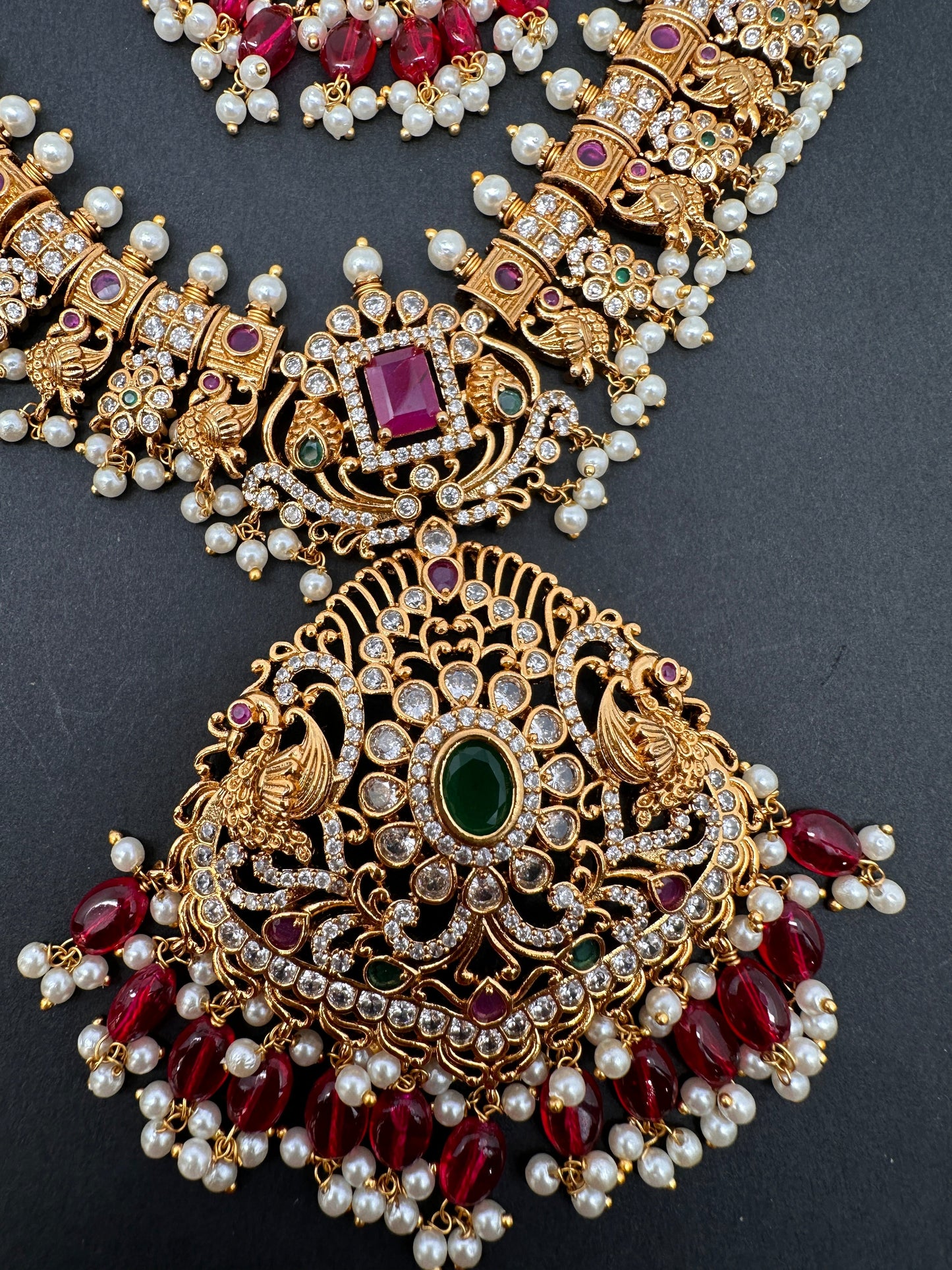 CZ Red Green Stone Red beads Peacock Design Guttapusalu Necklace
