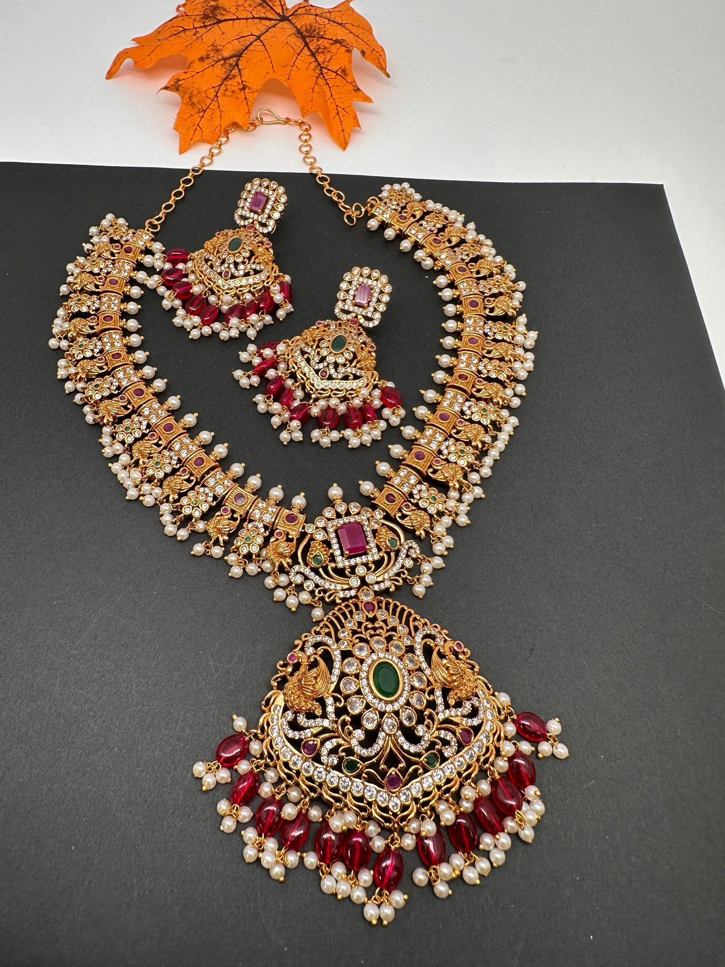 CZ Red Green Stone Red beads Peacock Design Guttapusalu Necklace