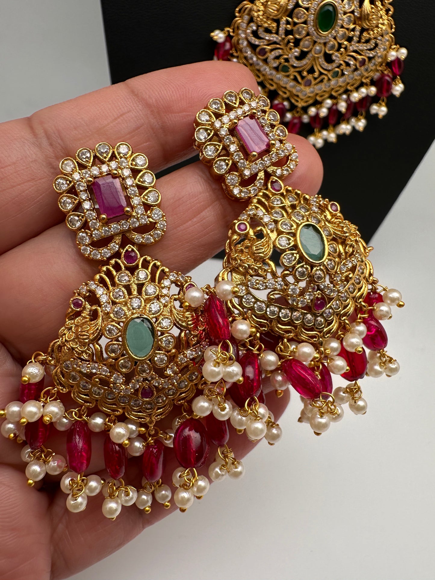 CZ Red Green Stone Red beads Peacock Design Guttapusalu Necklace