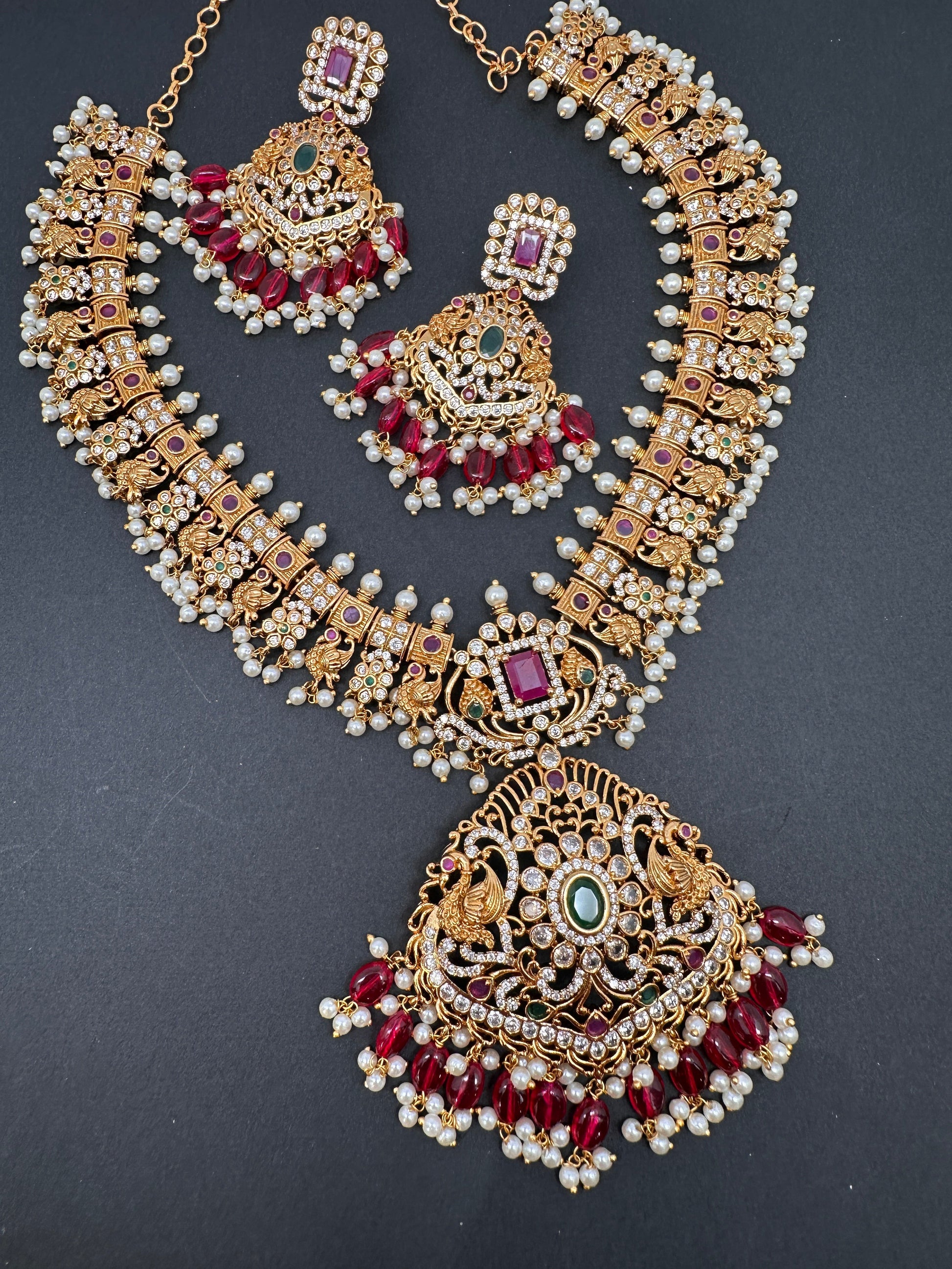 CZ Red Green Stone Red beads Peacock Design Guttapusalu Necklace