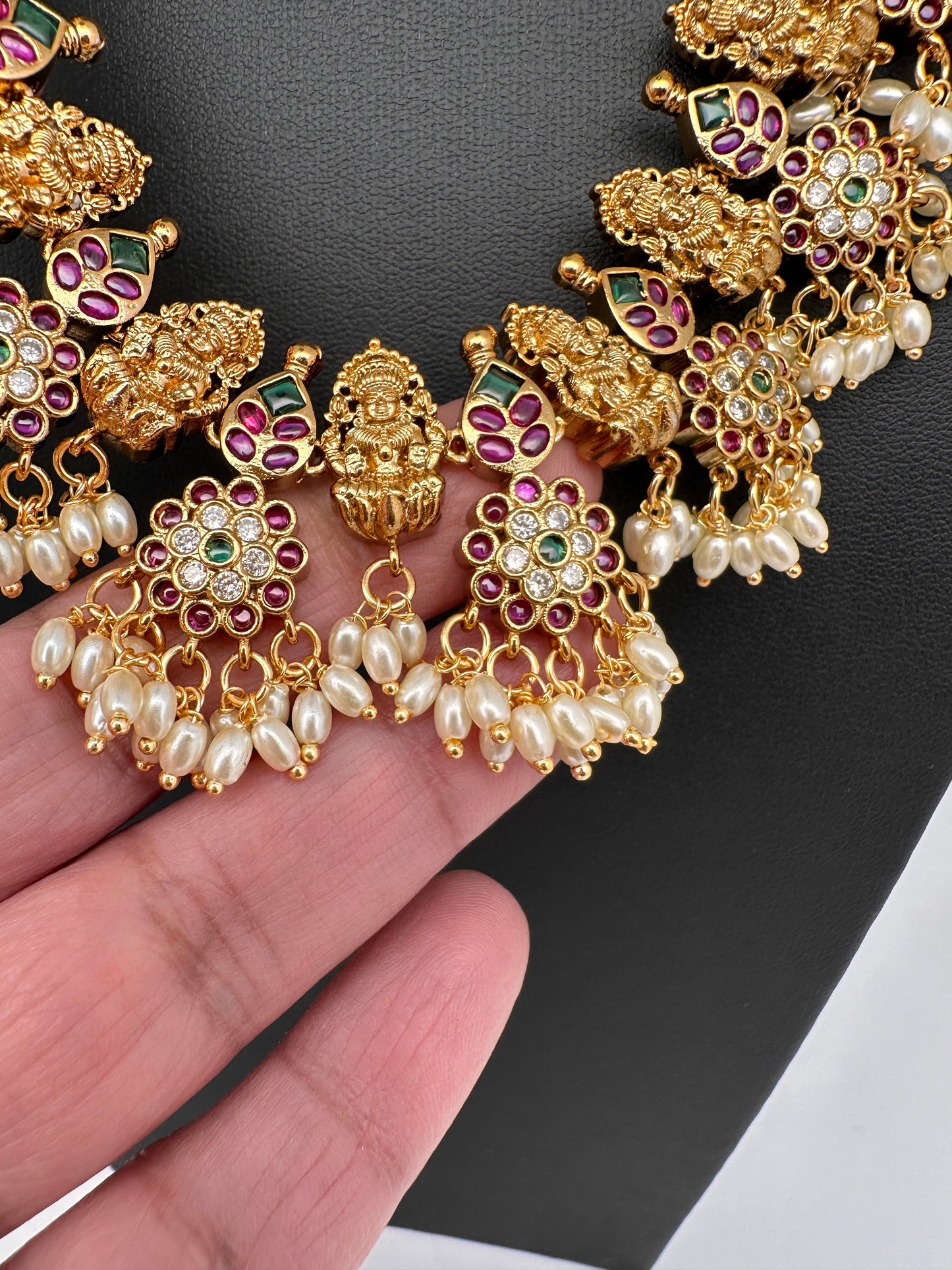 Goddess Lakshmi Rice Pearls Short Guttapusalu Necklace