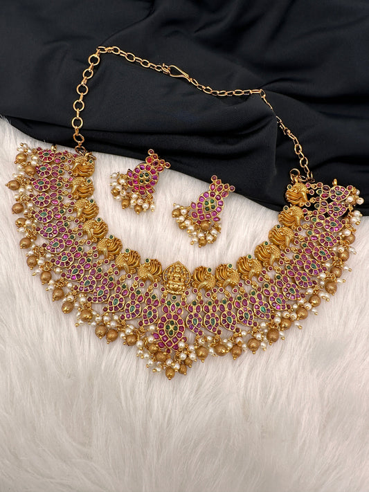 Goddess Lakshmi Kempu Mango Neckline Guttapusalu Necklace