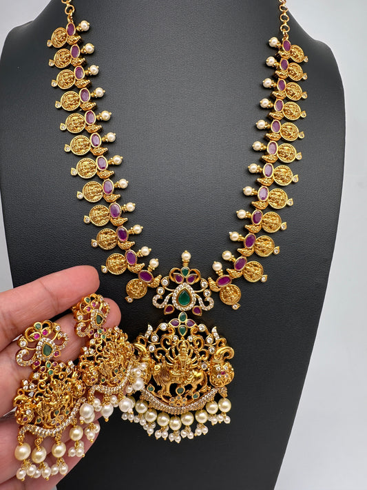 Goddess Durga AD Red Green Kemp Lakshmi Coins Necklace
