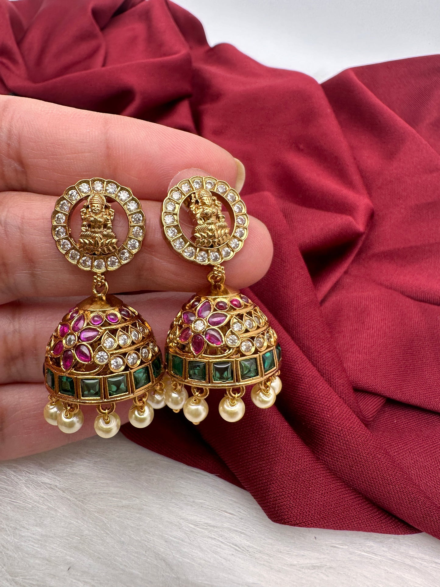 Kempu Mango Pattern Goddess Lakshmi Neckline Necklace with Jhumkis