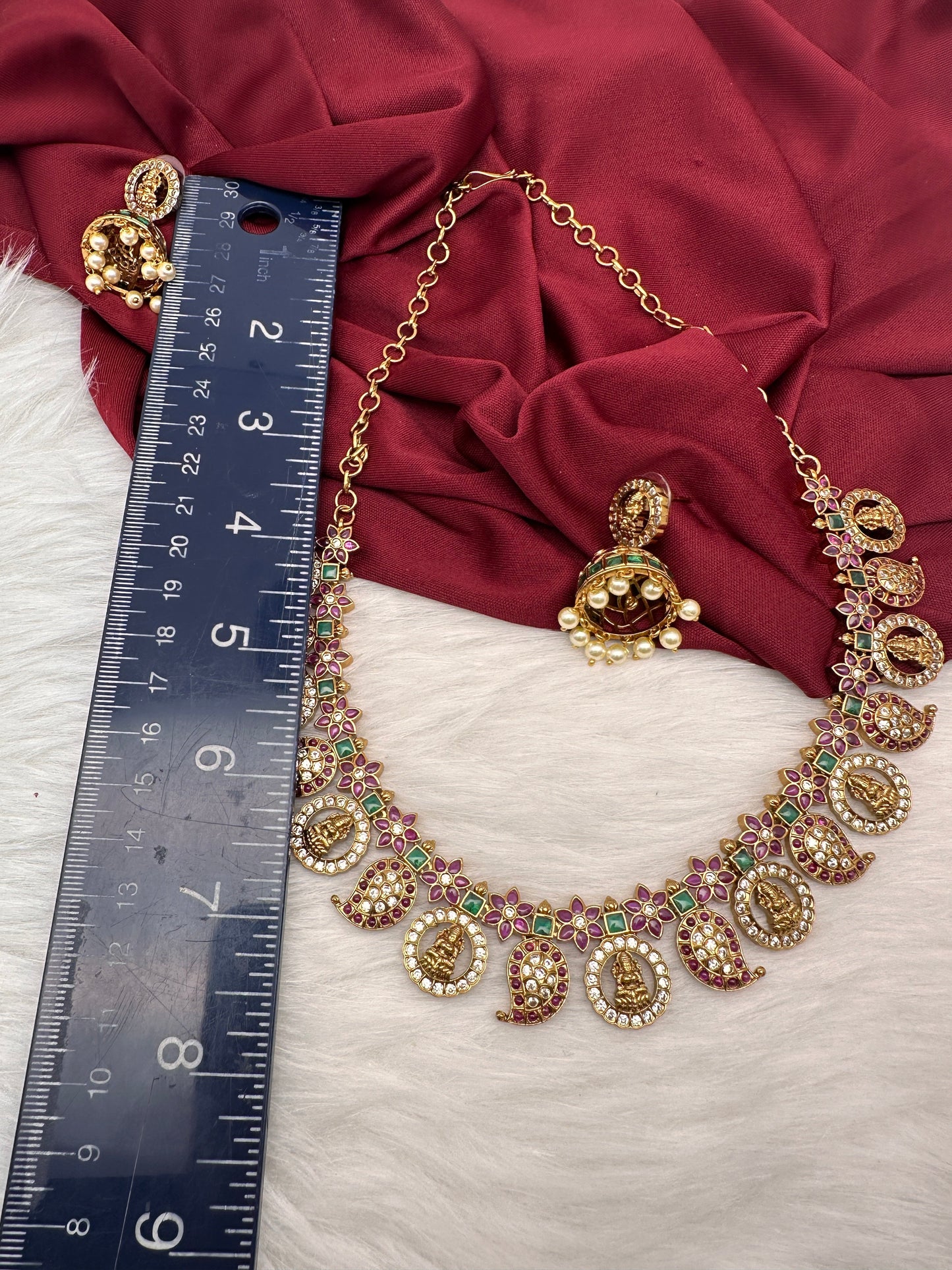 Kempu Mango Pattern Goddess Lakshmi Neckline Necklace with Jhumkis