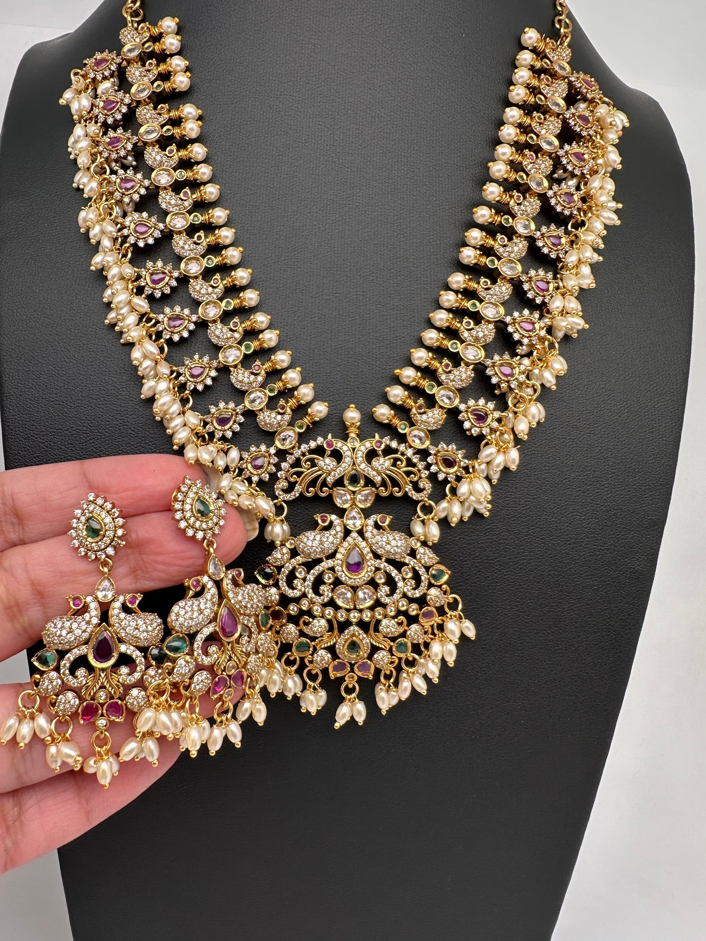 CZ Rice Pearls Peacock Guttapusalu Short Necklace