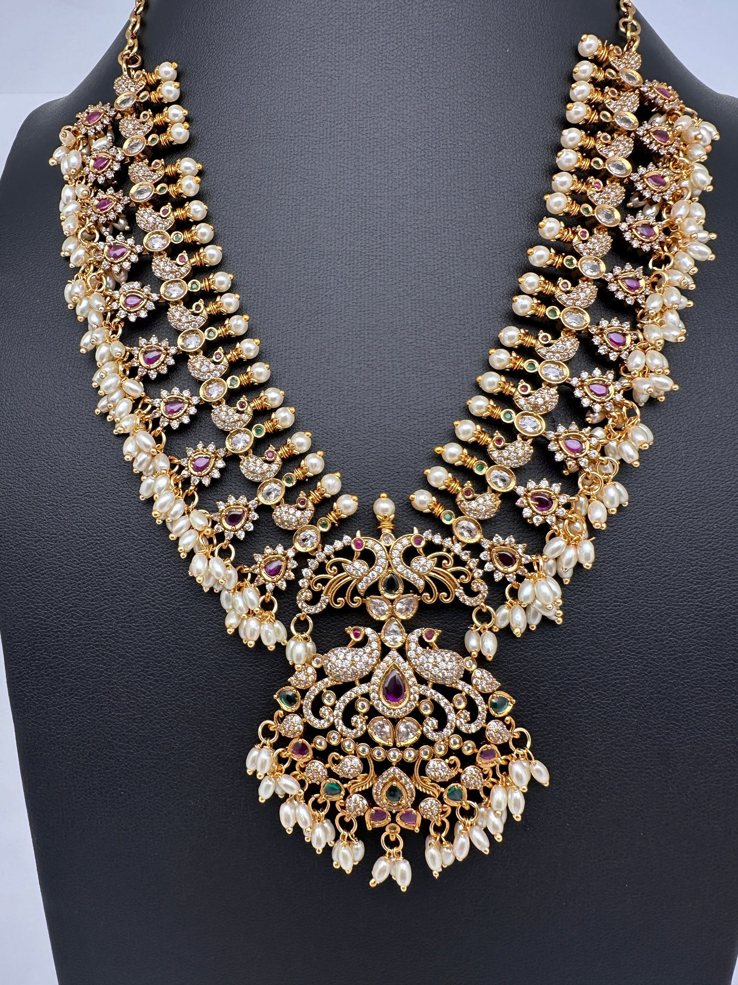 CZ Rice Pearls Peacock Guttapusalu Short Necklace
