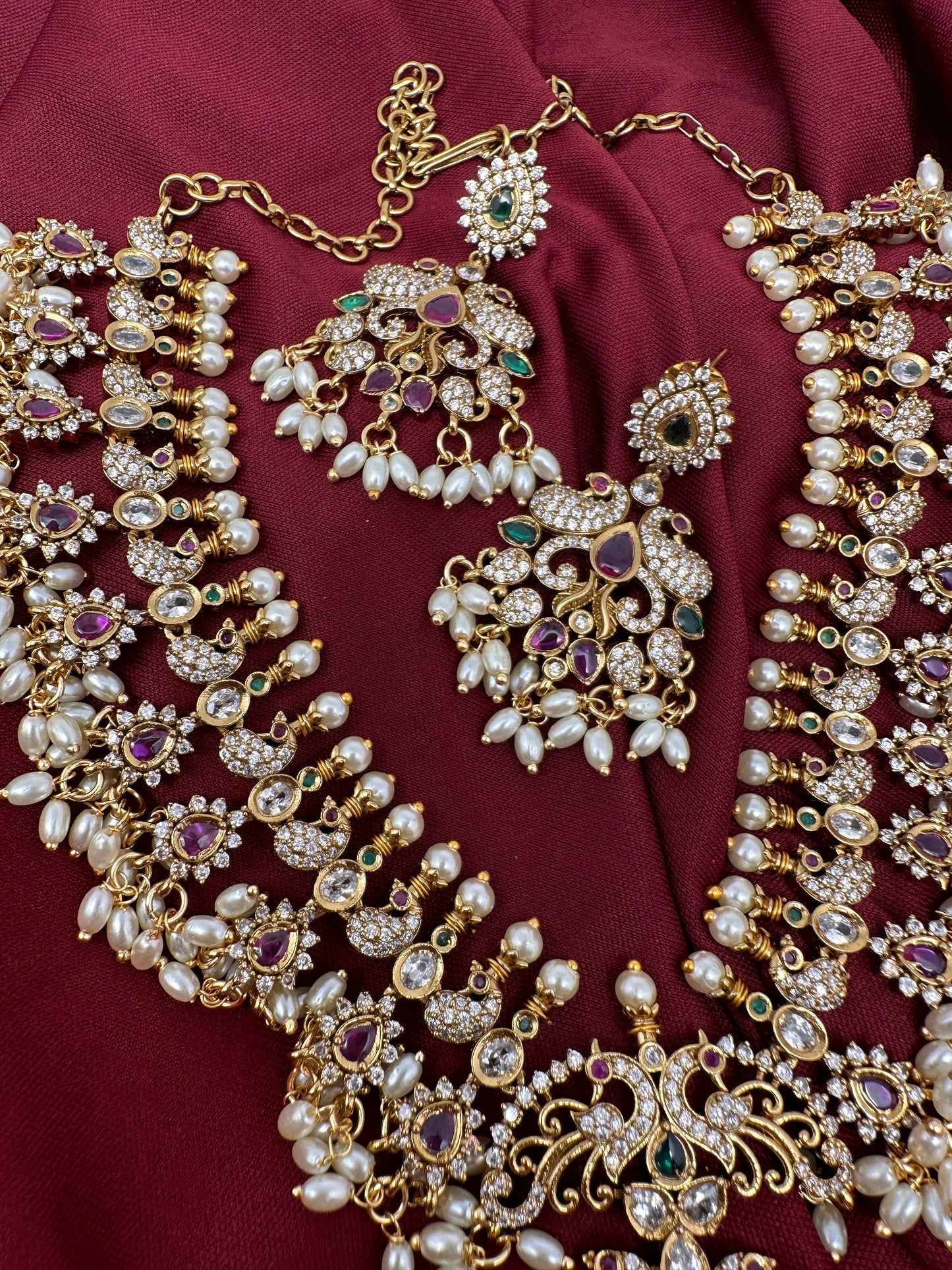CZ Rice Pearls Peacock Guttapusalu Short Necklace