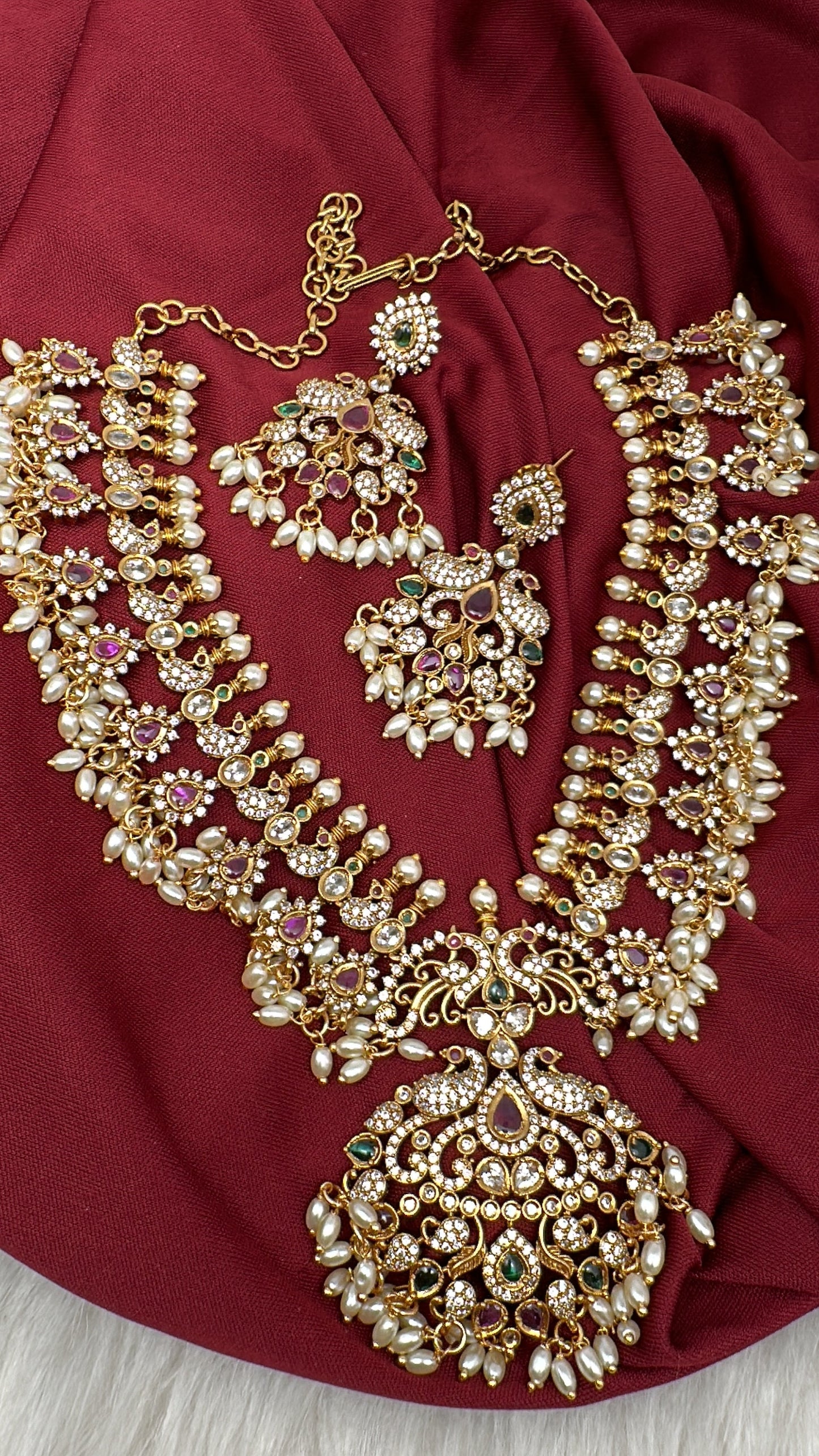 CZ Rice Pearls Peacock Guttapusalu Short Necklace