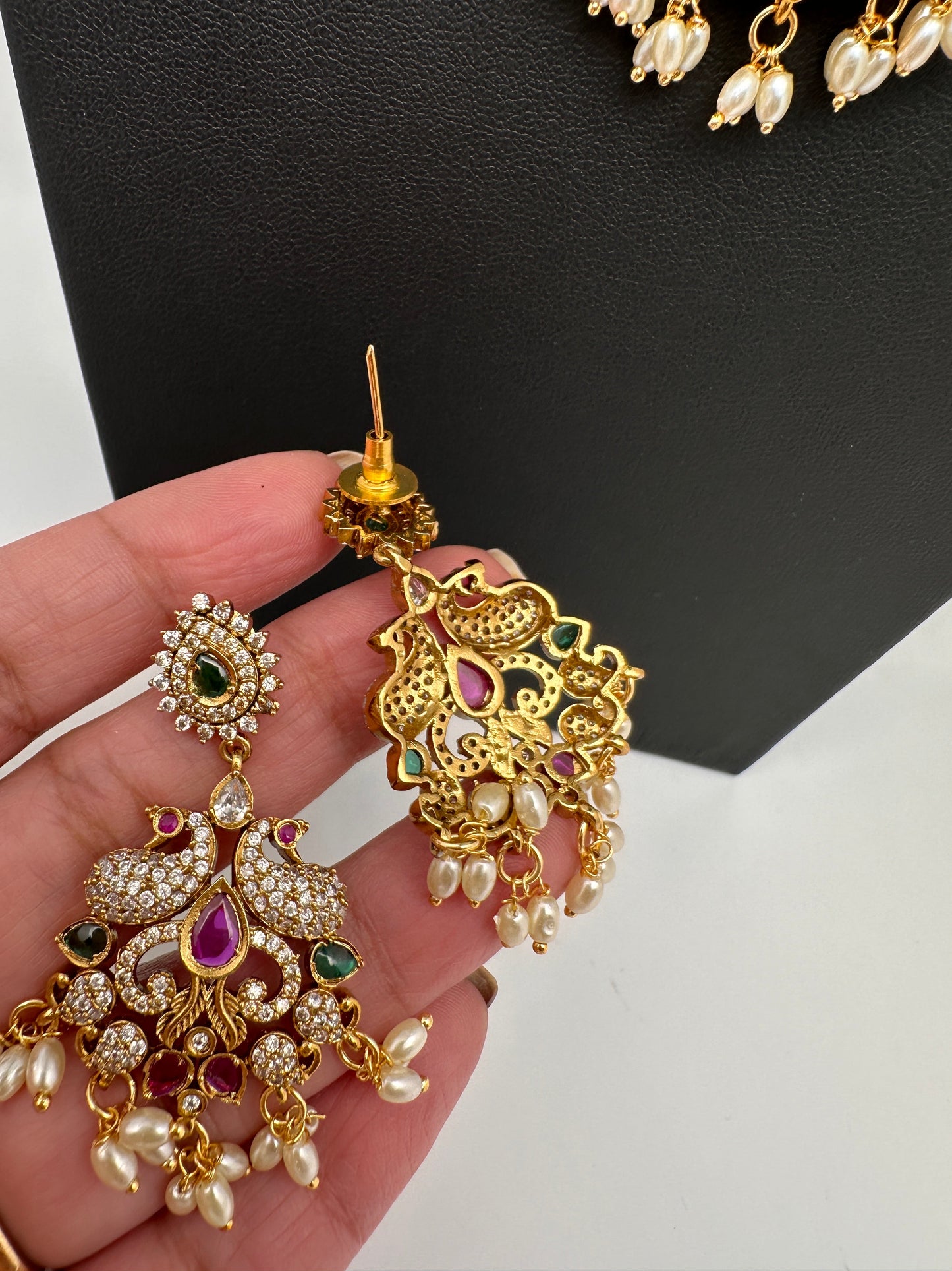 CZ Rice Pearls Peacock Guttapusalu Short Necklace