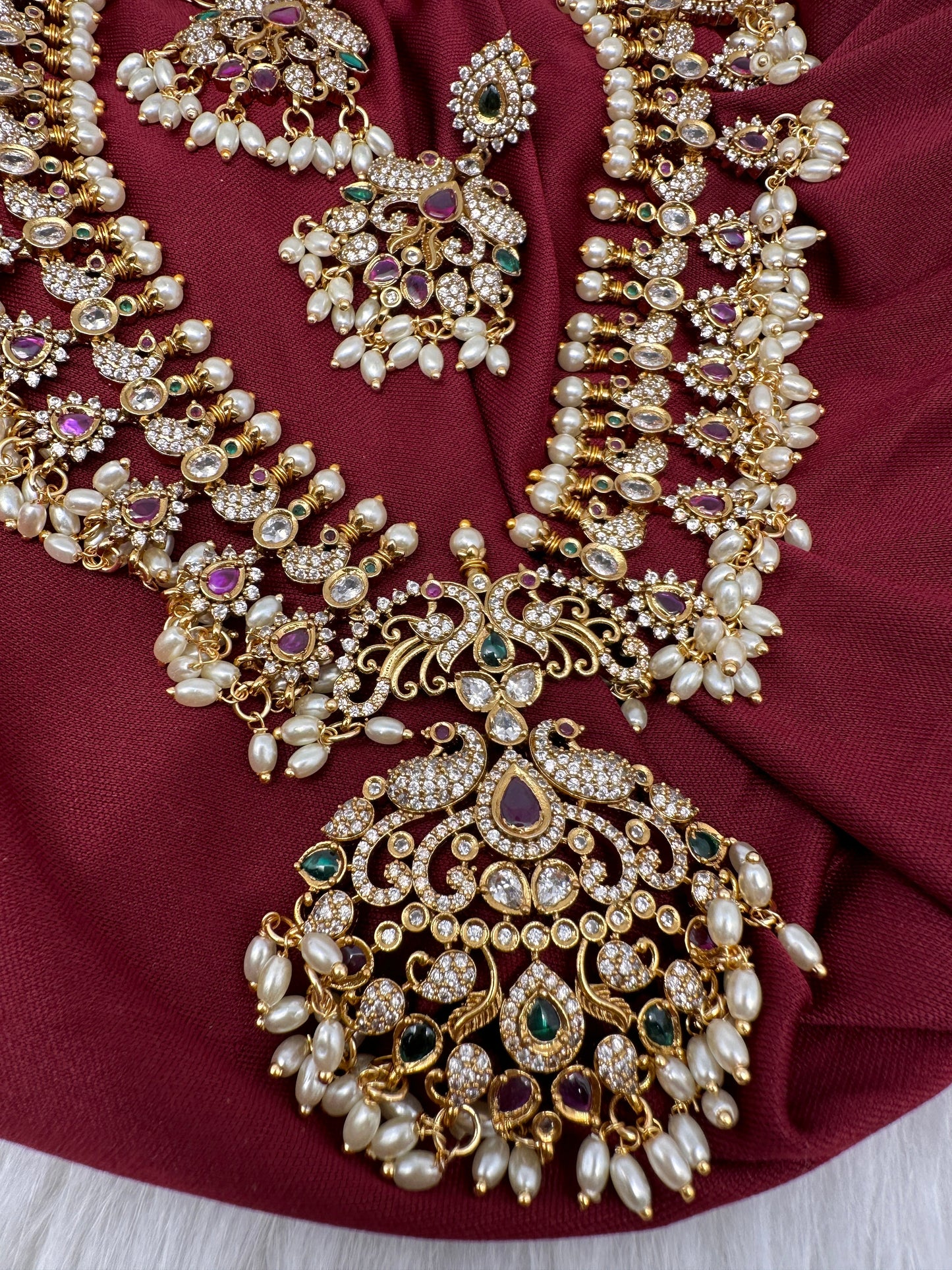 CZ Rice Pearls Peacock Guttapusalu Short Necklace