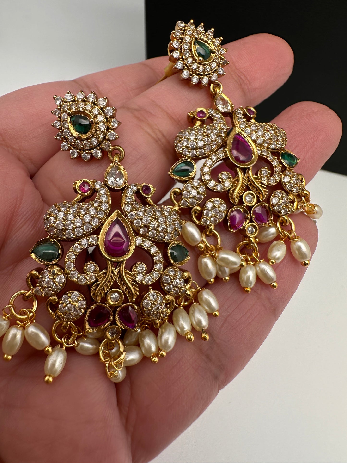 CZ Rice Pearls Peacock Guttapusalu Short Necklace