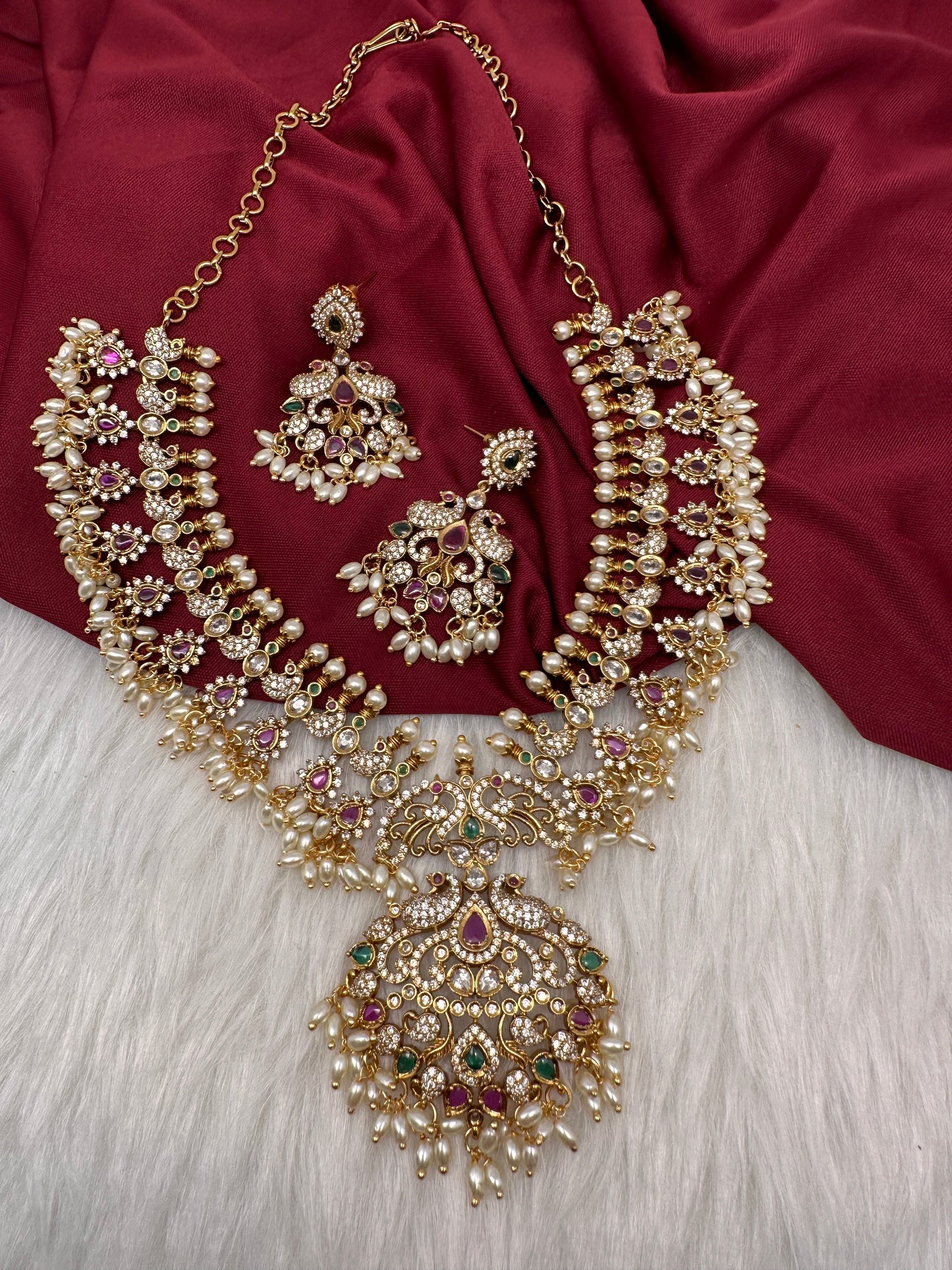 CZ Rice Pearls Peacock Guttapusalu Short Necklace
