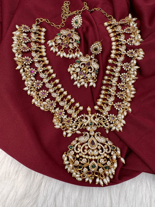 CZ Rice Pearls Peacock Guttapusalu Short Necklace