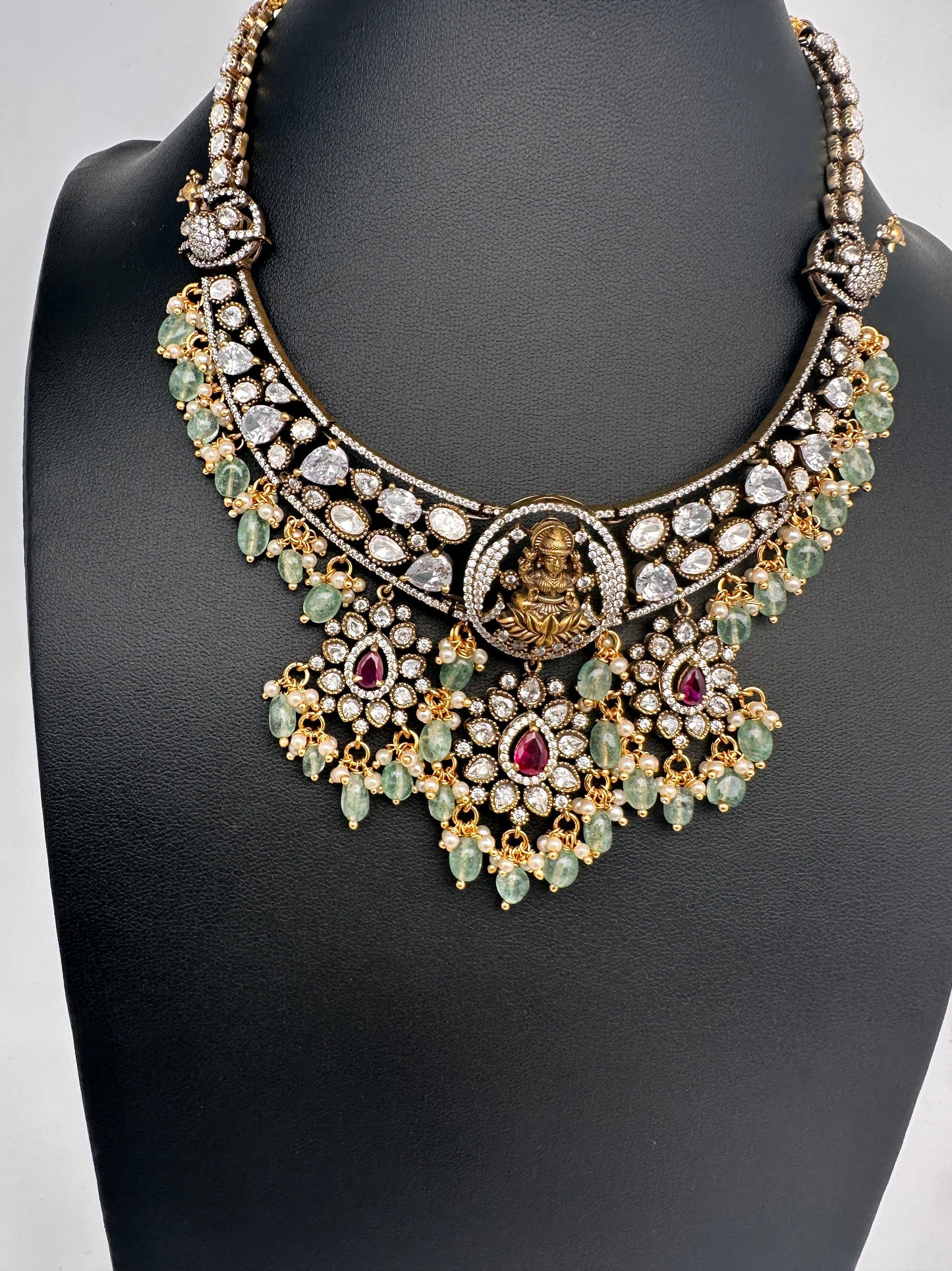 Victorian Antique Finish Coral Goddess Lakshmi Moissanite Short necklace