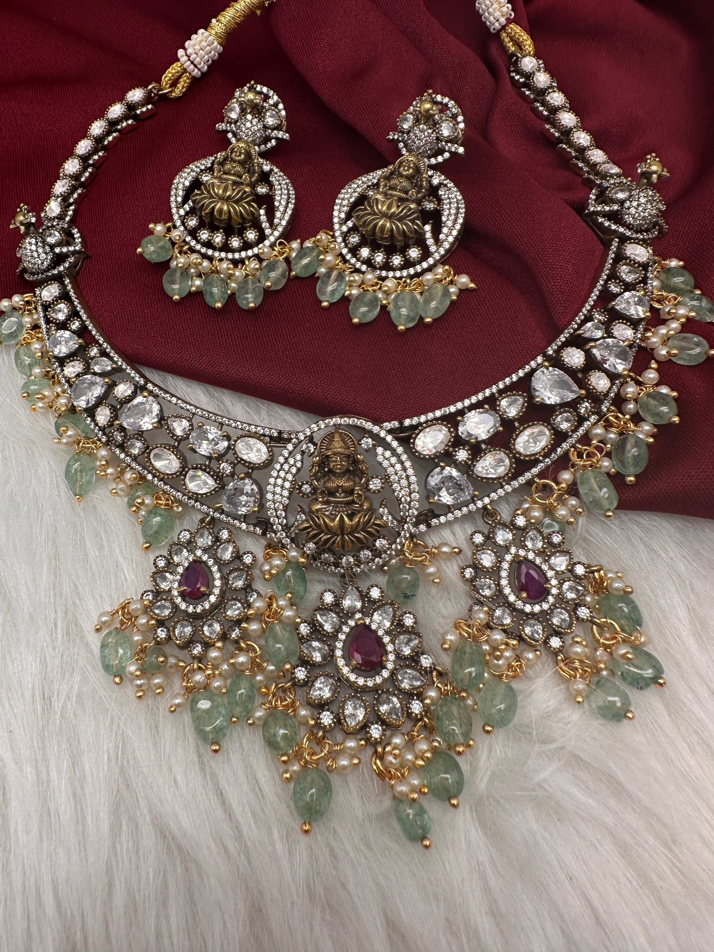 Victorian Antique Finish Coral Goddess Lakshmi Moissanite Short necklace