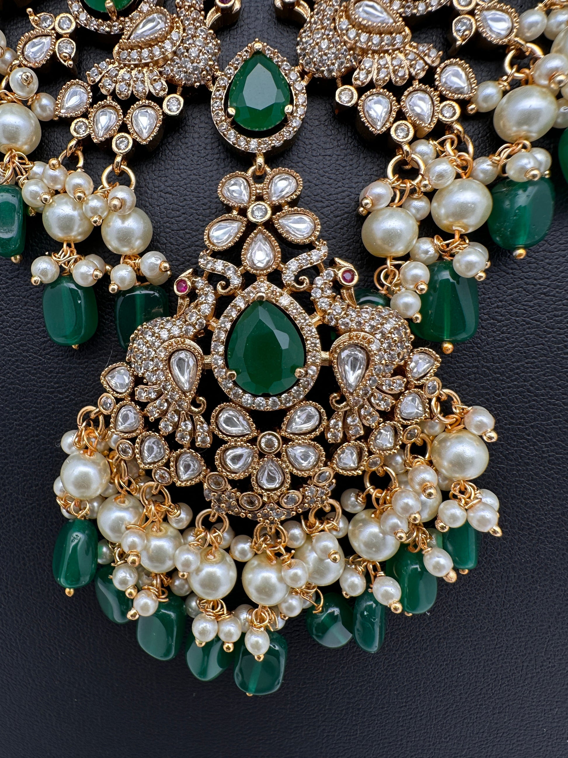Peacock Color Stone Guttapusalu Short Necklace - Green