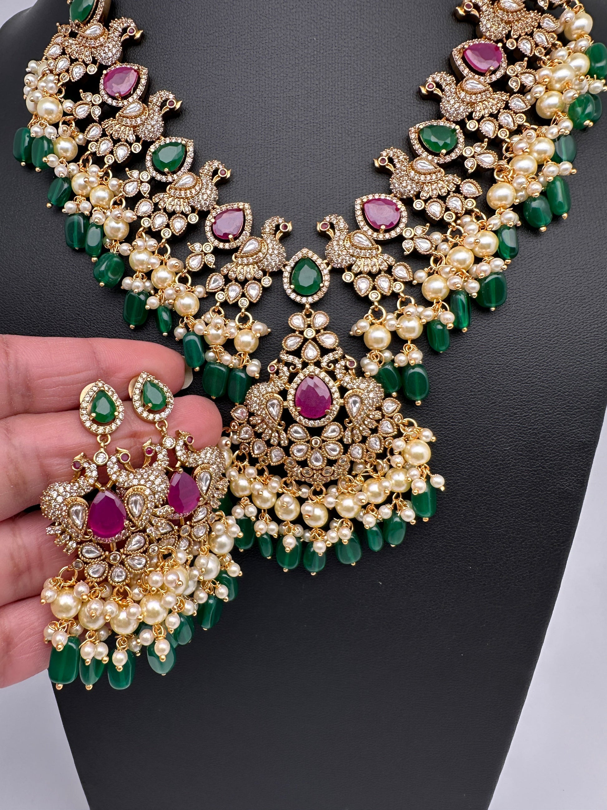 Peacock Color Stone Guttapusalu Short Necklace - Pink
