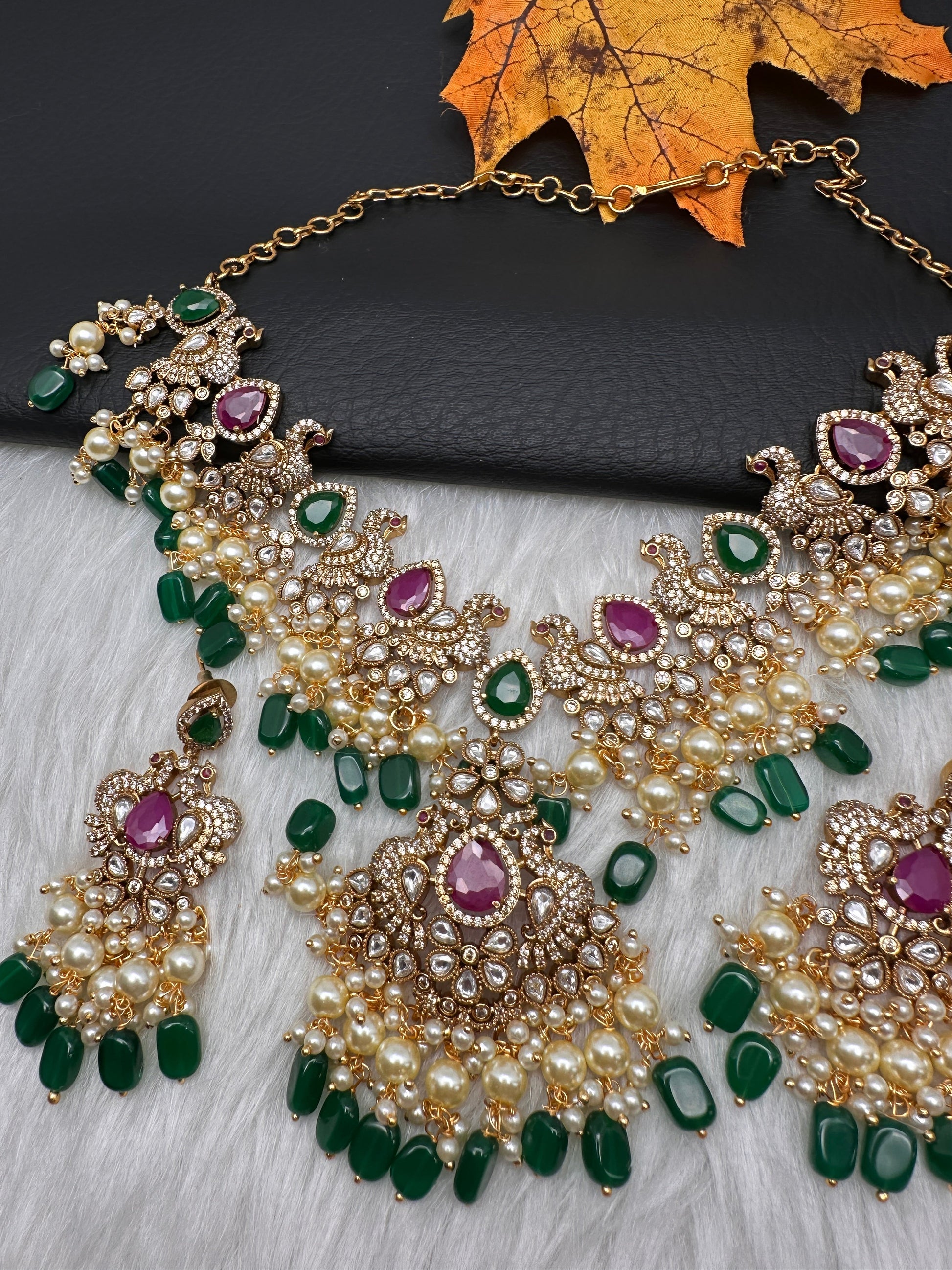 Peacock Color Stone Guttapusalu Short Necklace - Pink