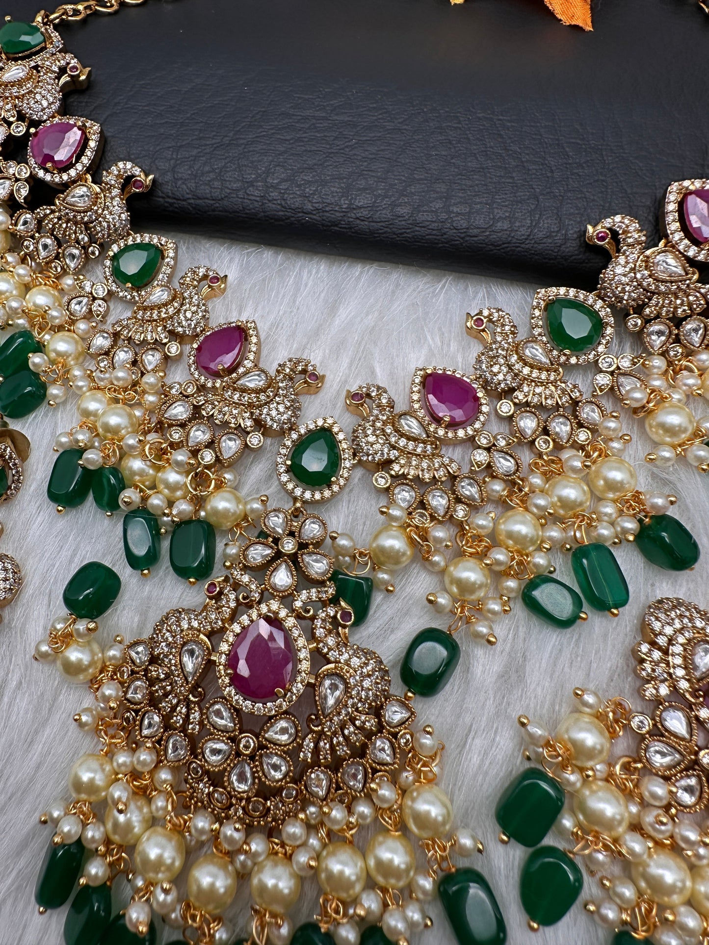 Peacock Color Stone Guttapusalu Short Necklace - Pink