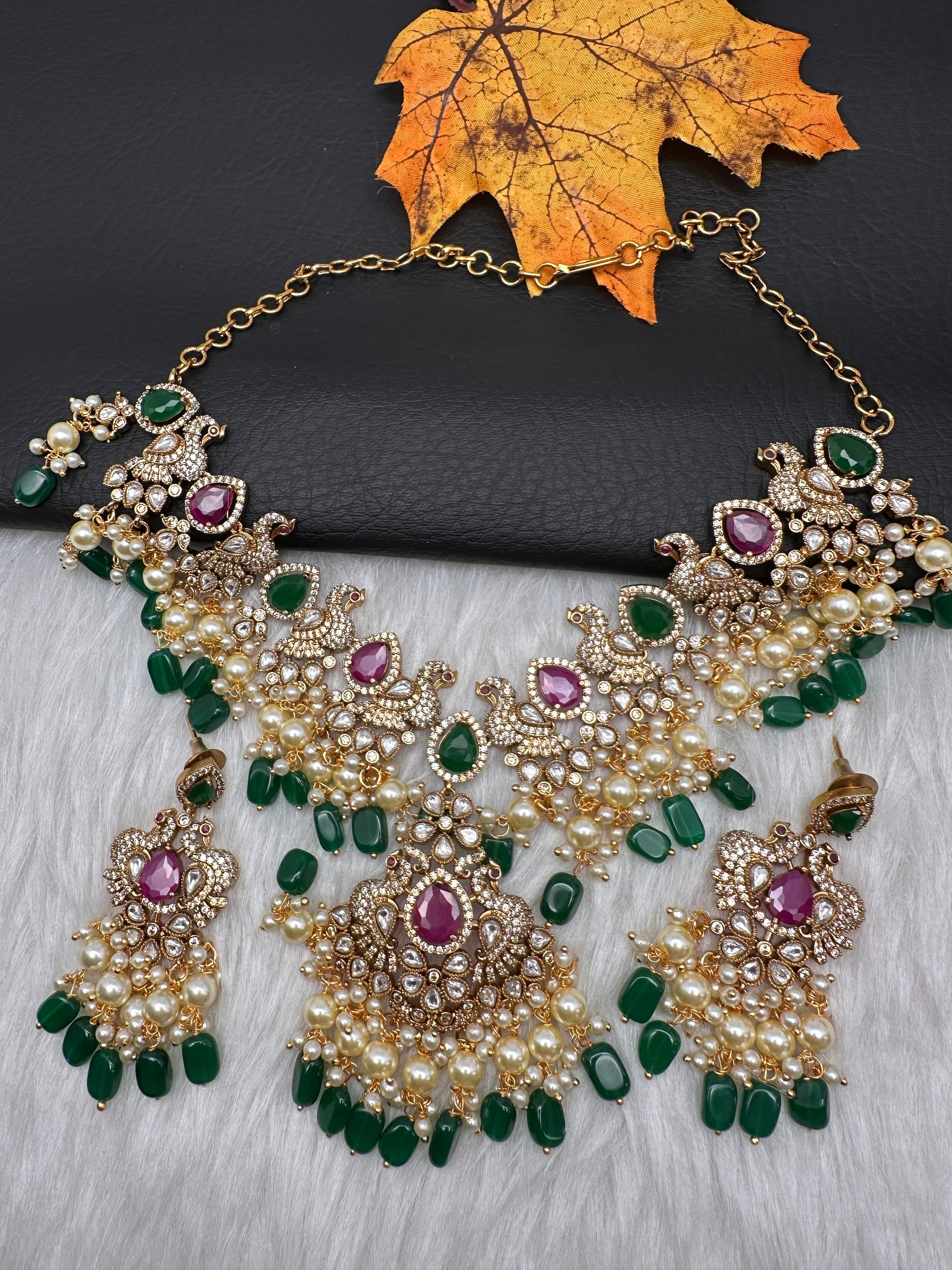 Peacock Color Stone Guttapusalu Short Necklace - Pink