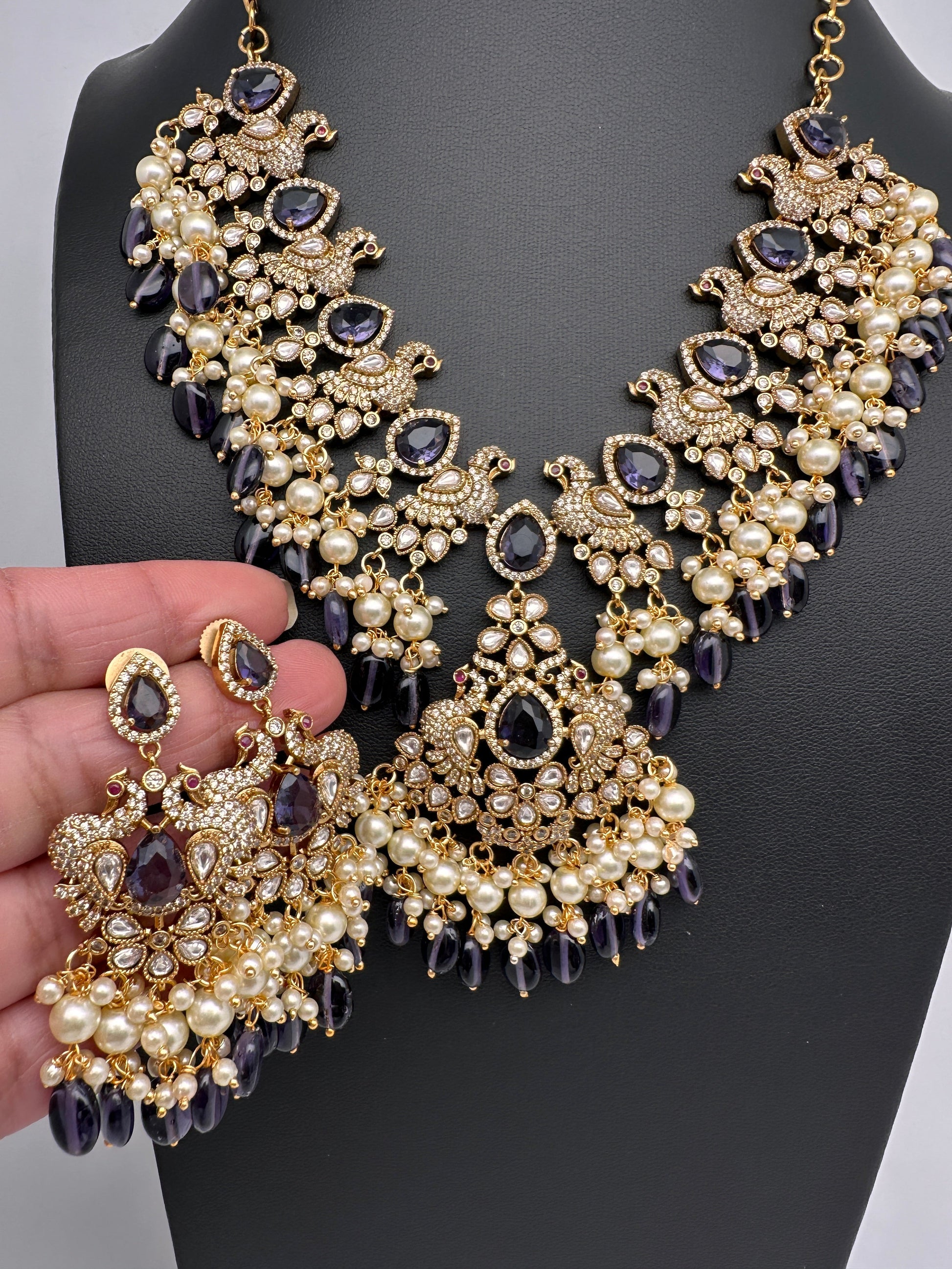 Peacock Color Stone Guttapusalu Short Necklace - Purple