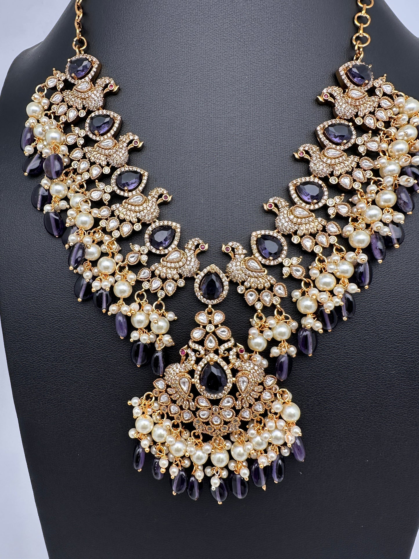 Peacock Color Stone Guttapusalu Short Necklace - Purple