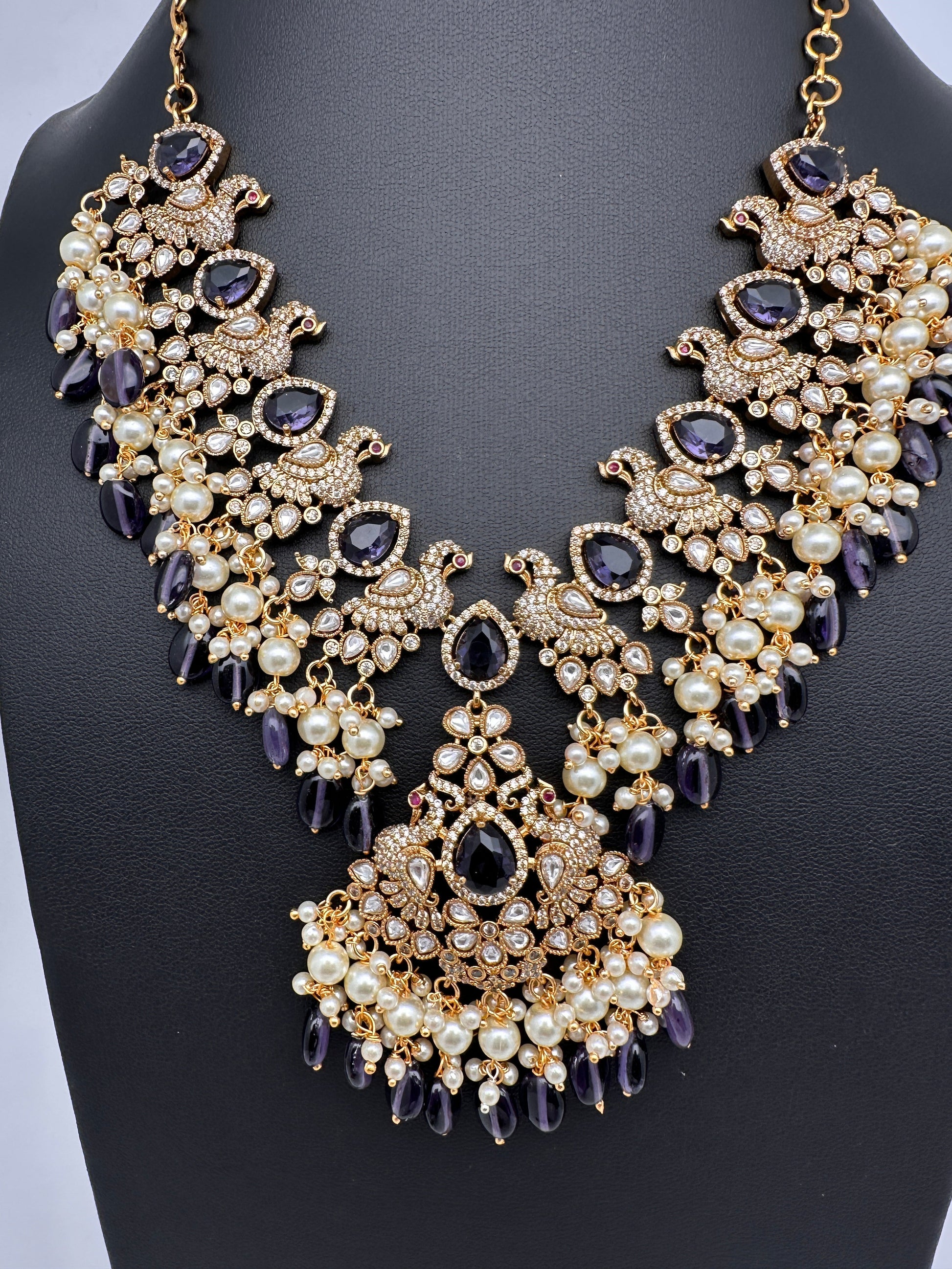 Peacock Color Stone Guttapusalu Short Necklace - Purple