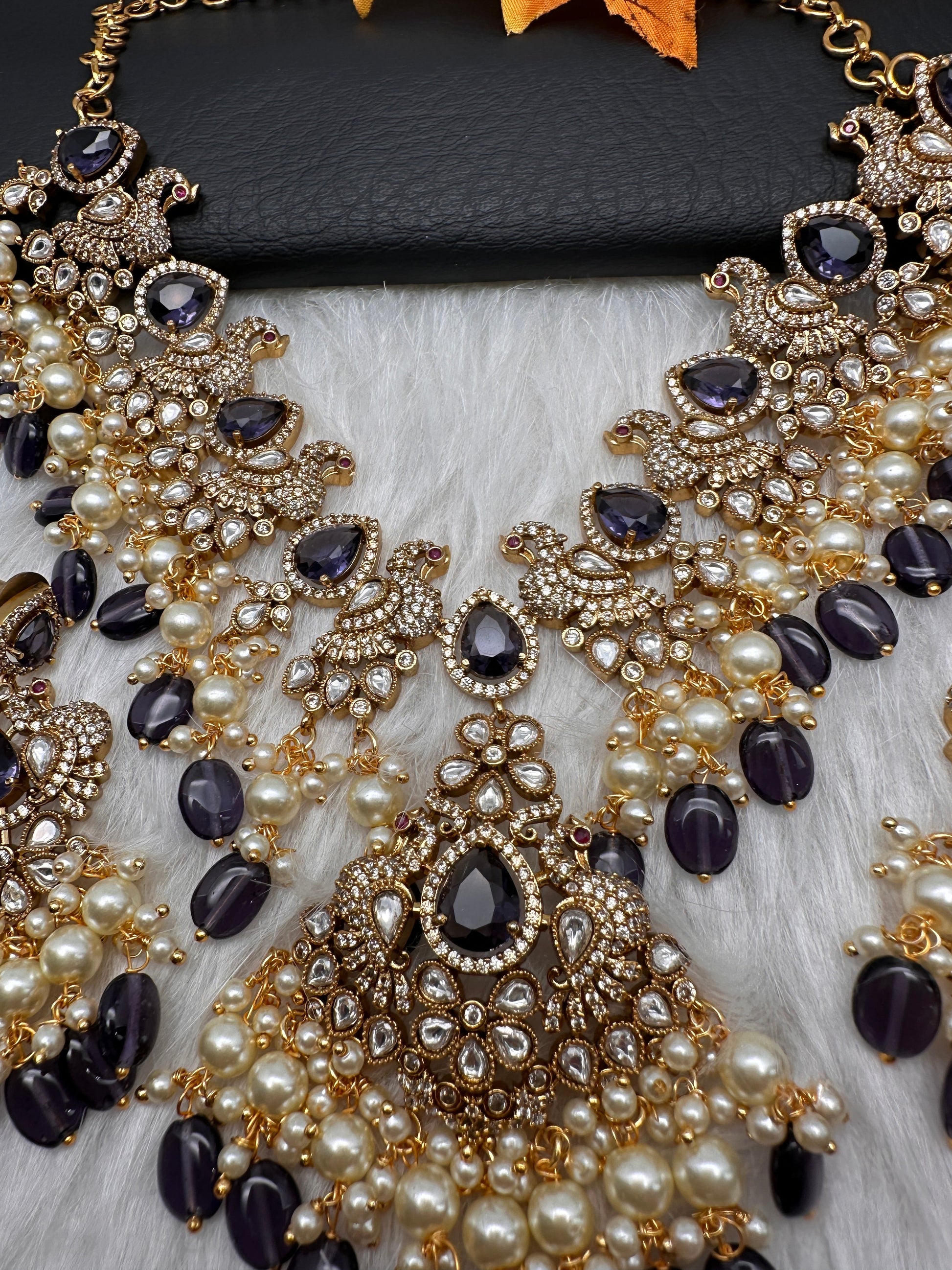 Peacock Color Stone Guttapusalu Short Necklace - Purple