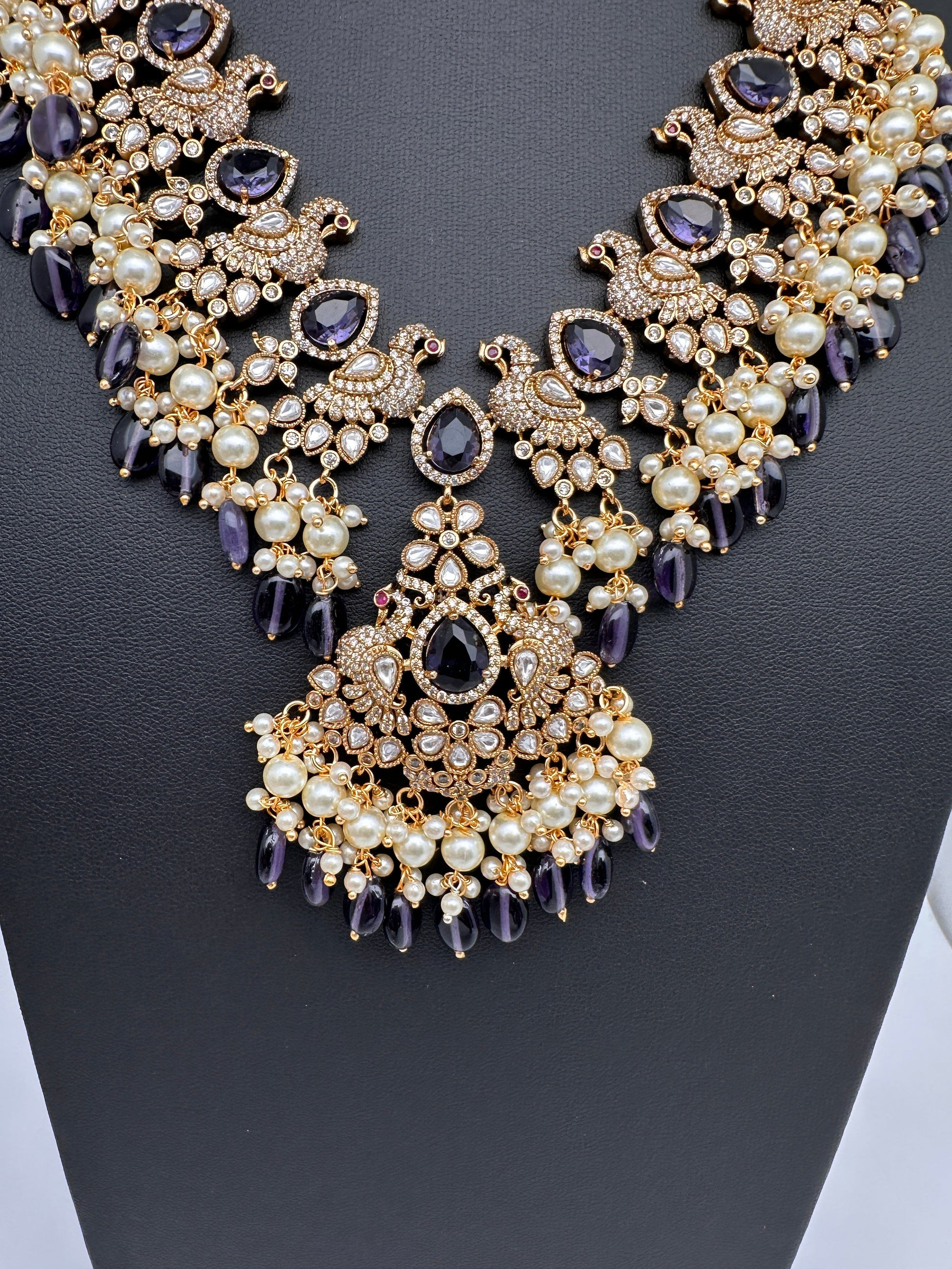 Peacock Color Stone Guttapusalu Short Necklace - Purple