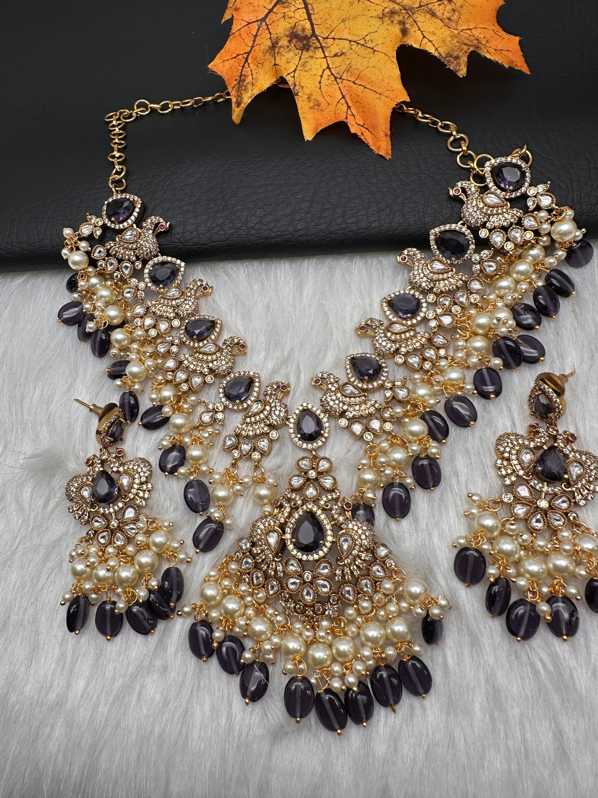 Peacock Color Stone Guttapusalu Short Necklace - Purple