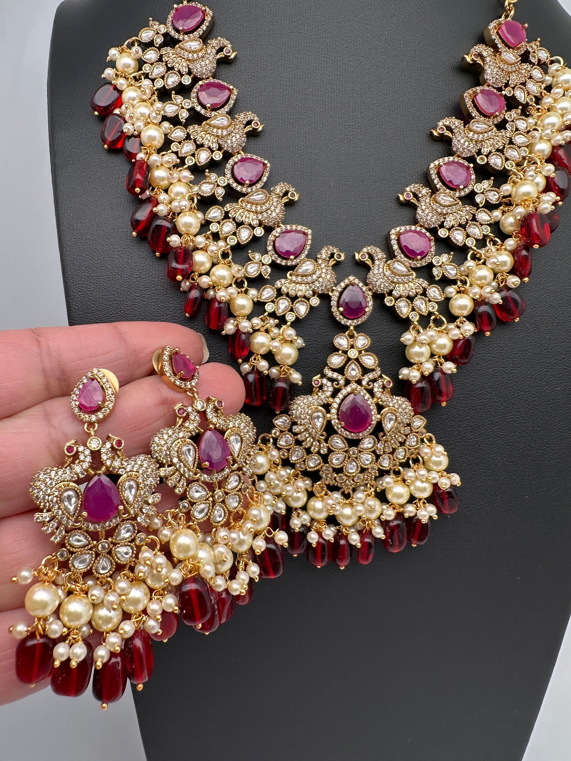 Peacock Color Stone Guttapusalu Short Necklace - Red