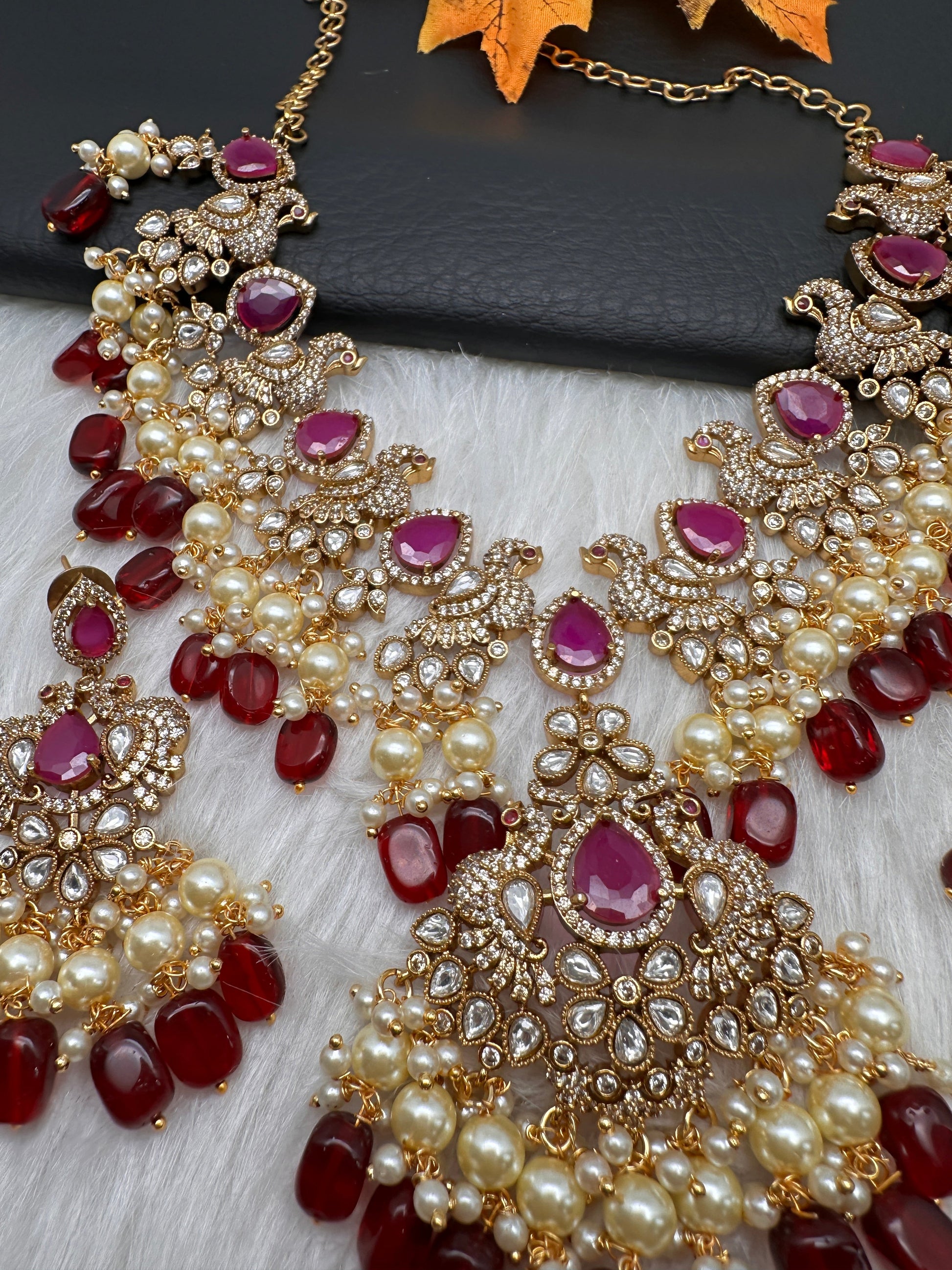 Peacock Color Stone Guttapusalu Short Necklace - Red