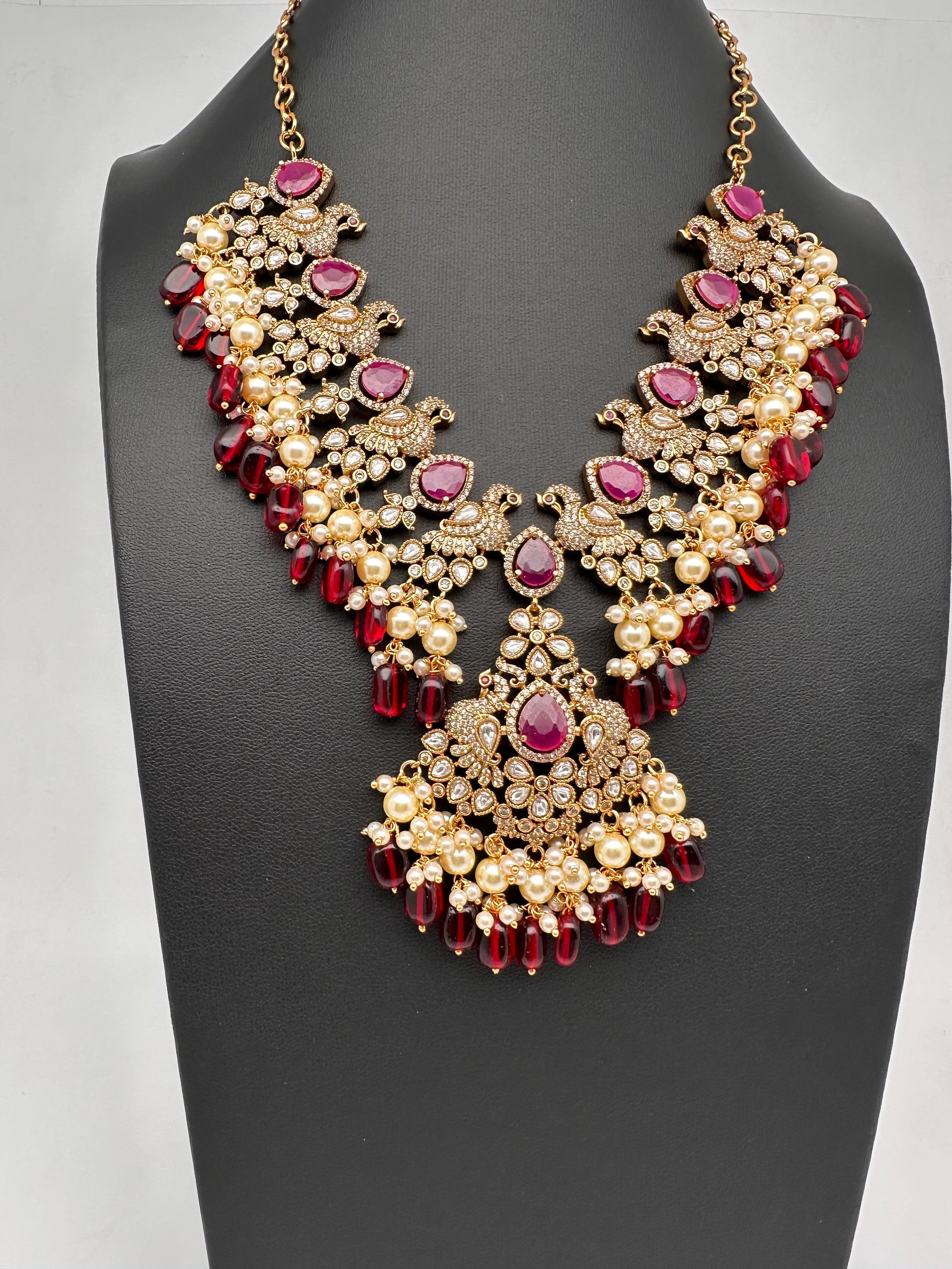Peacock Color Stone Guttapusalu Short Necklace - Red