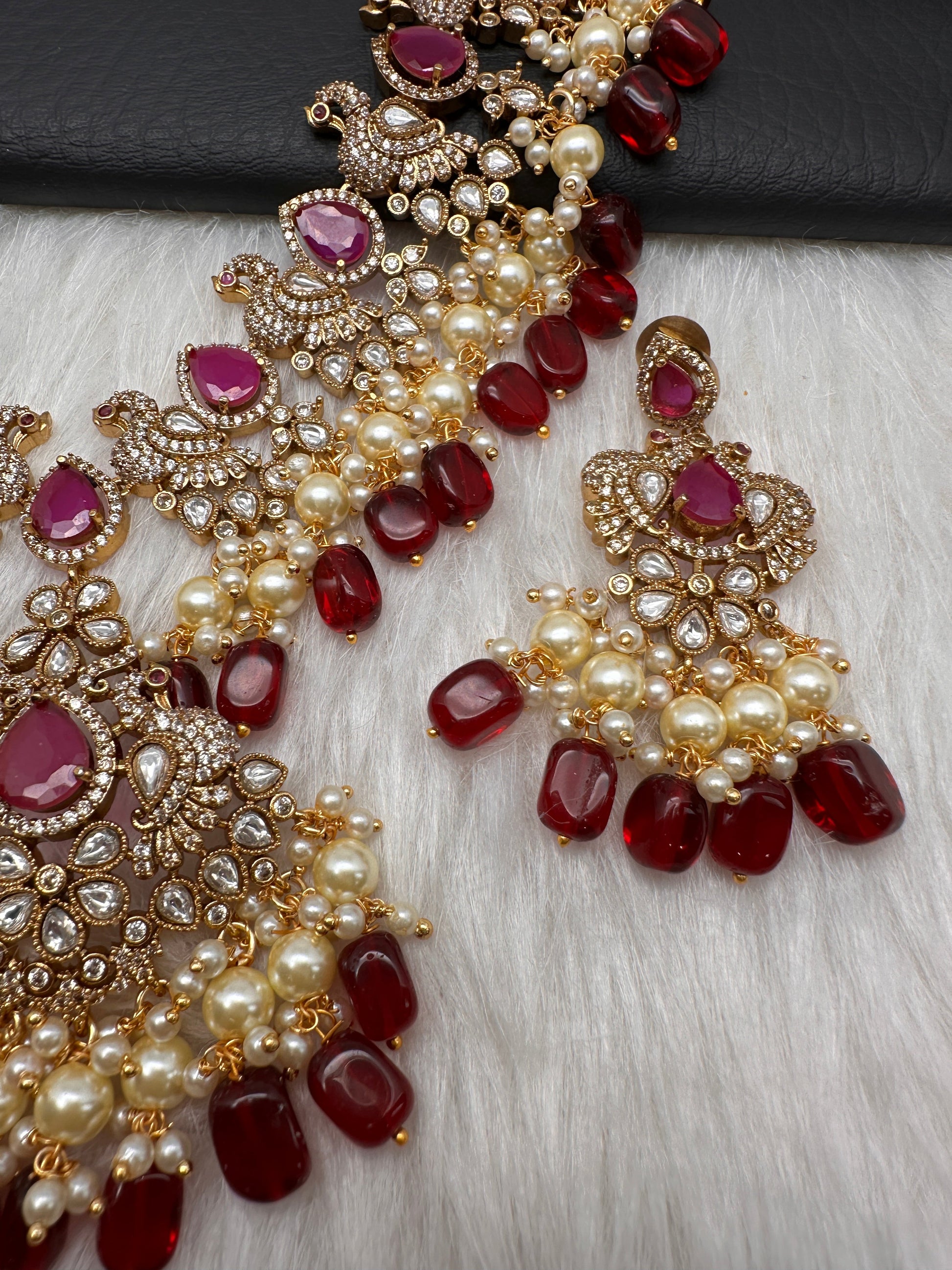 Peacock Color Stone Guttapusalu Short Necklace - Red