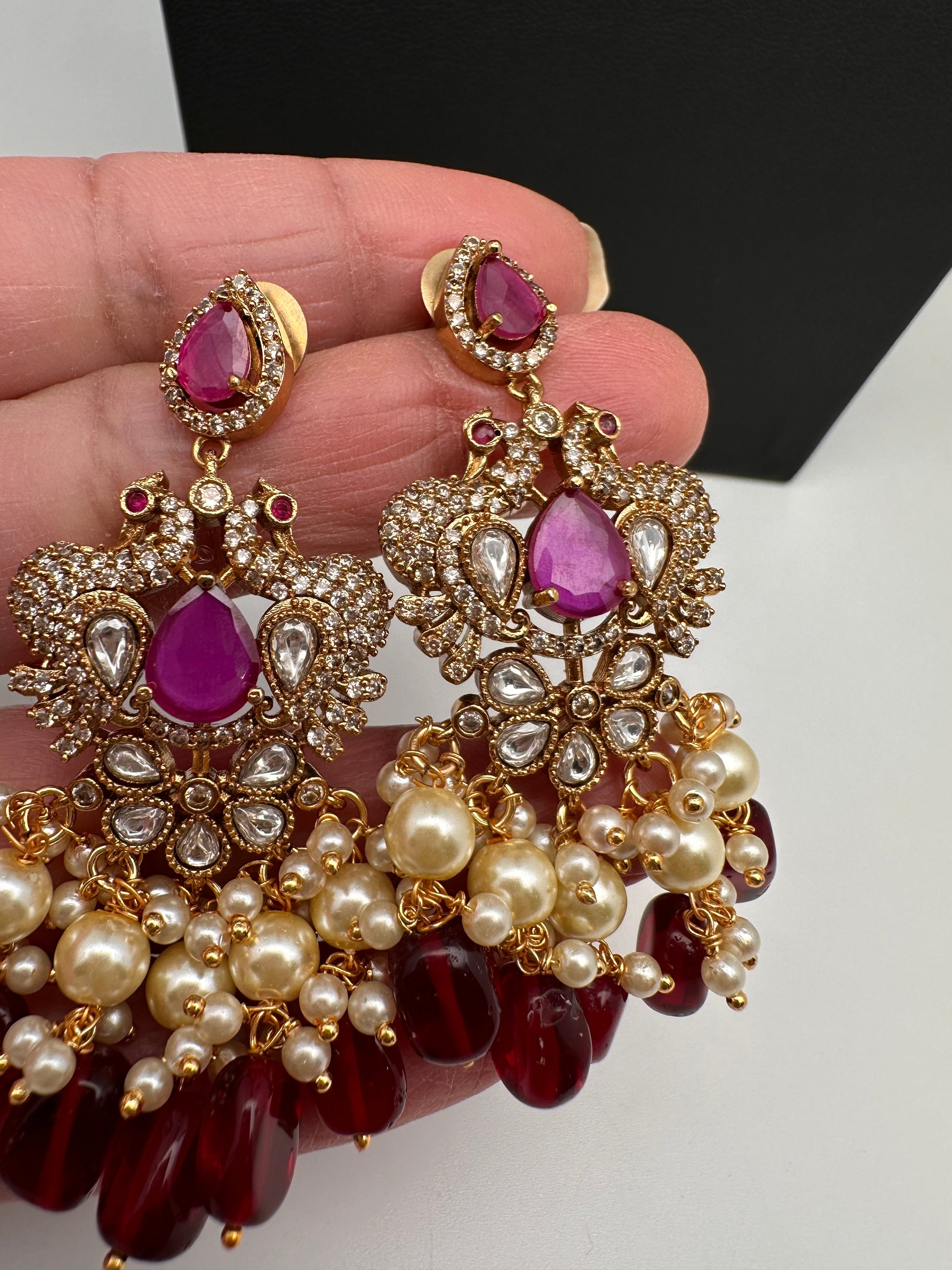 Peacock Color Stone Guttapusalu Short Necklace - Red