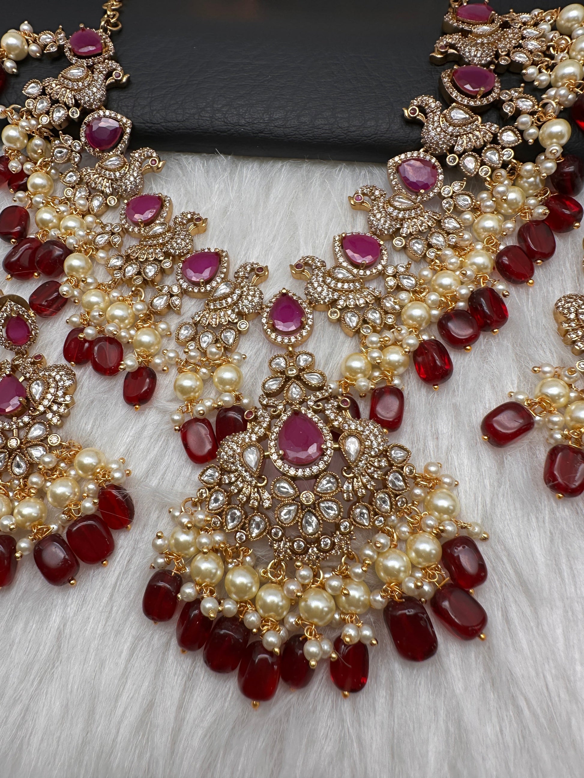 Peacock Color Stone Guttapusalu Short Necklace - Red