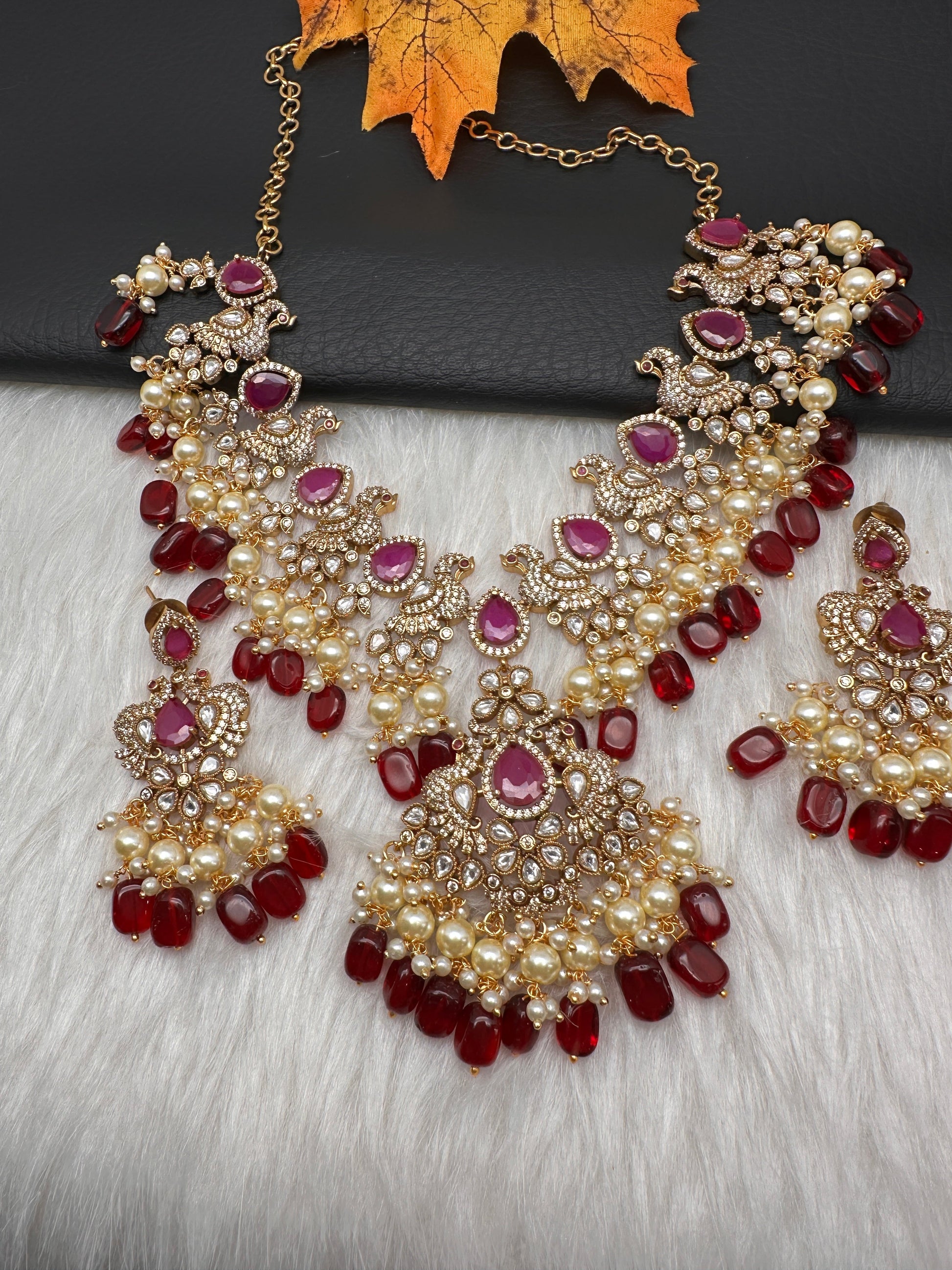 Peacock Color Stone Guttapusalu Short Necklace - Red