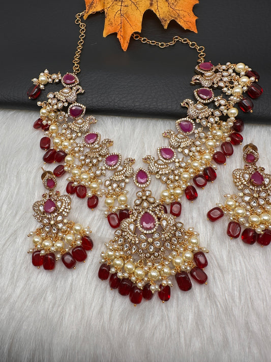 Peacock Color Stone Guttapusalu Short Necklace - Red