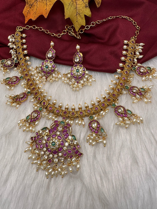 Mango Kempu Rice Pearls Guttapusalu Short Necklace