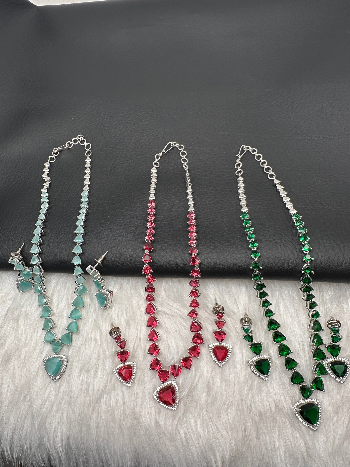 CZ AD Color Stone Dainty Short Necklace - Red